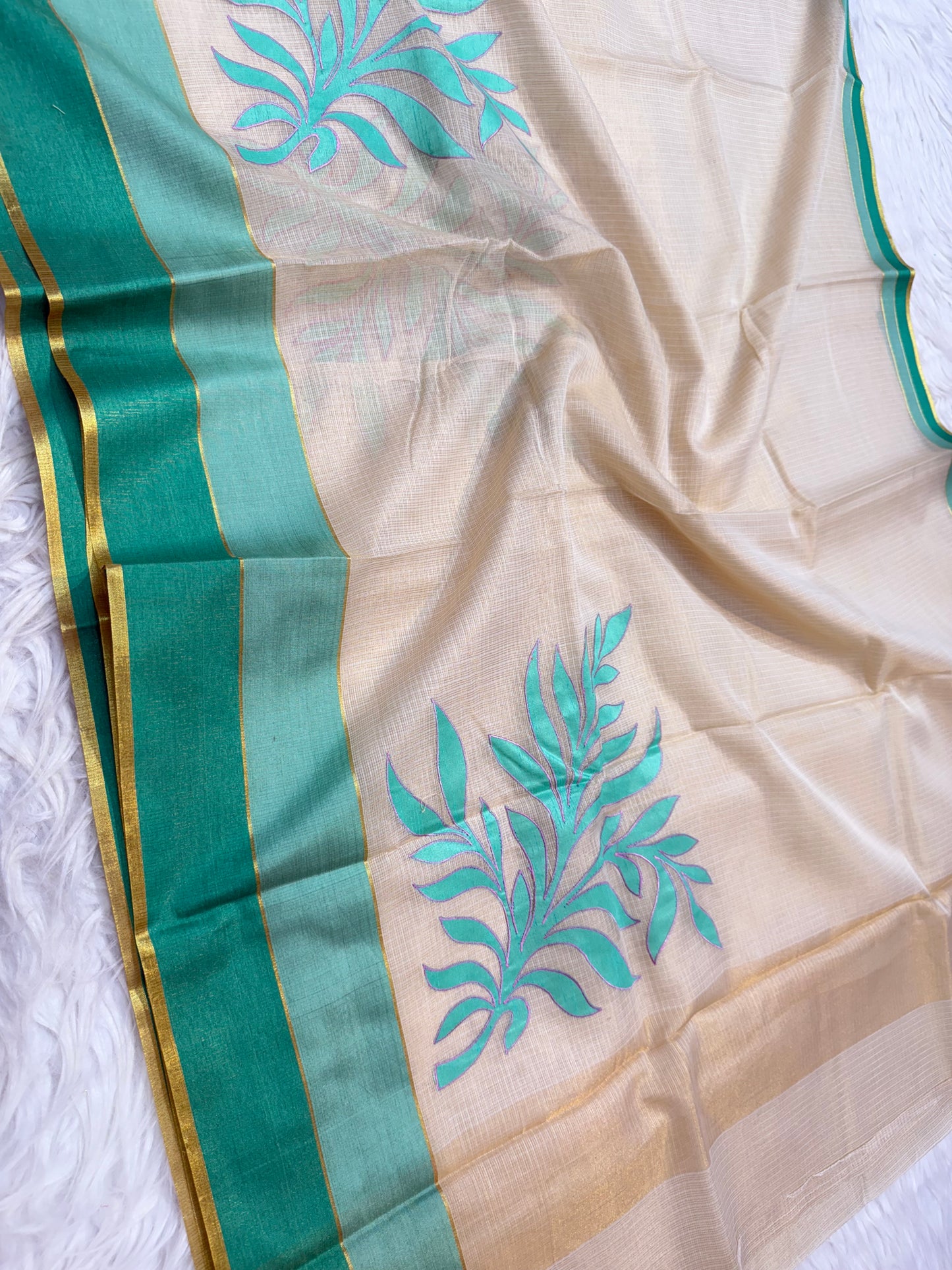 Off White Sea green parrot green shade tissue kota appliqué work Banarasi saree