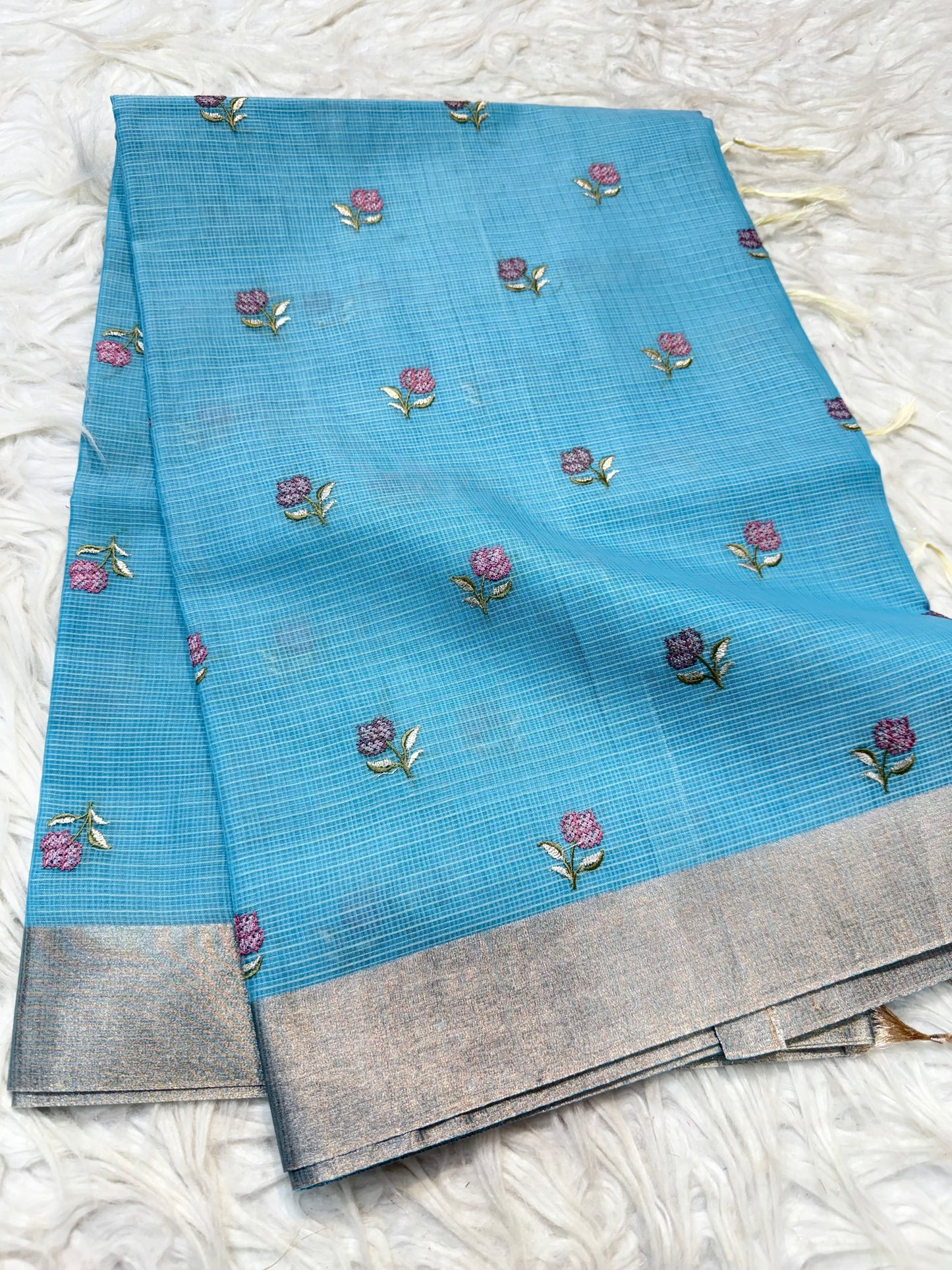 Sky blue shade cotton kota embroidery Banarasi saree