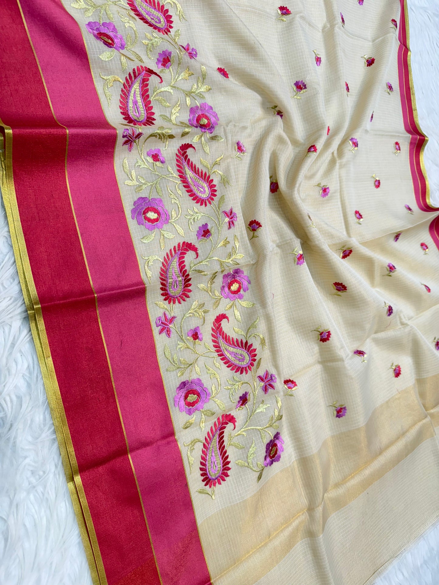 Off White maharani royal pink shade tissue kota embroidery Banarasi saree