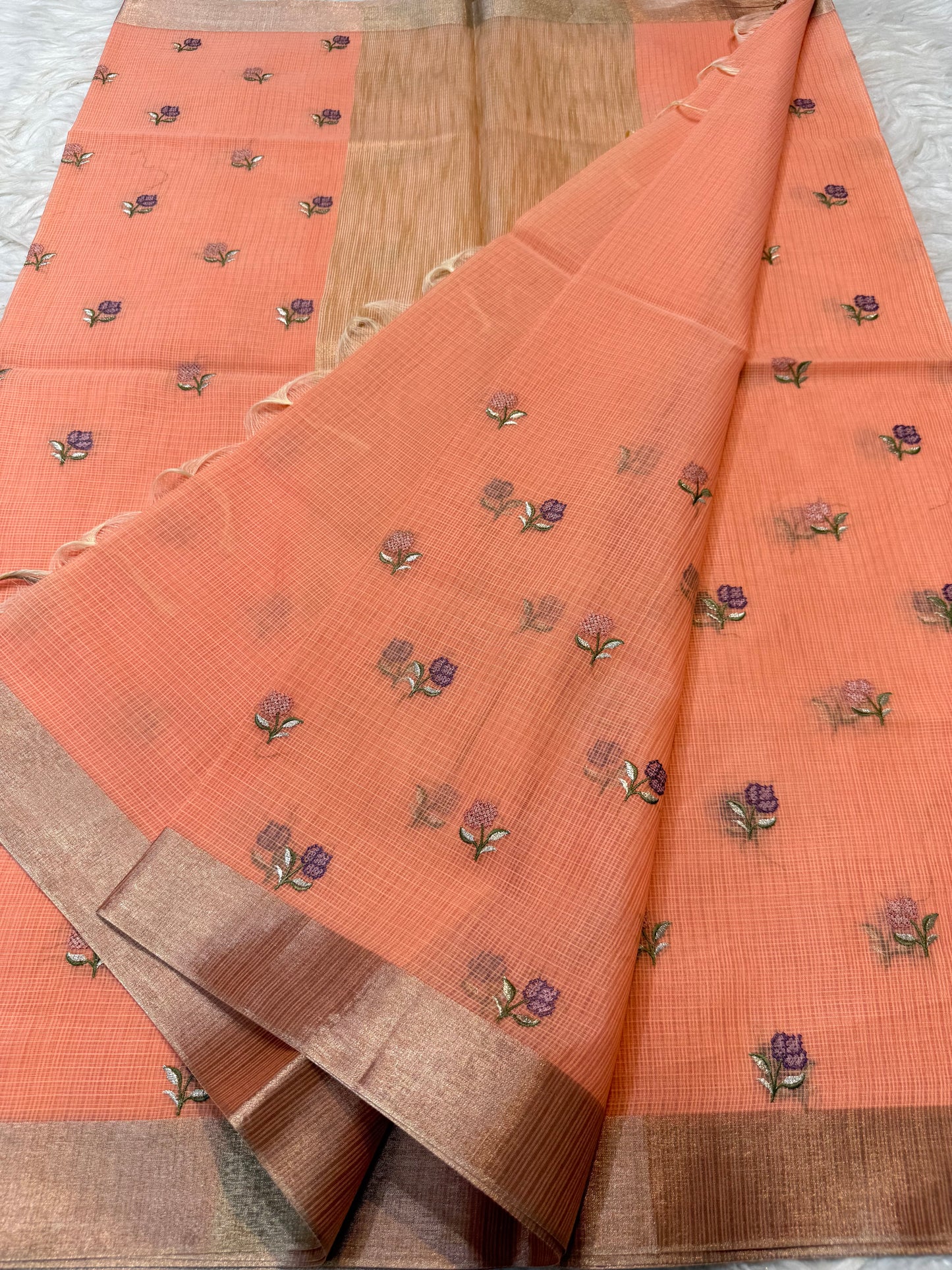 Peach shade cotton kota embroidery Banarasi saree
