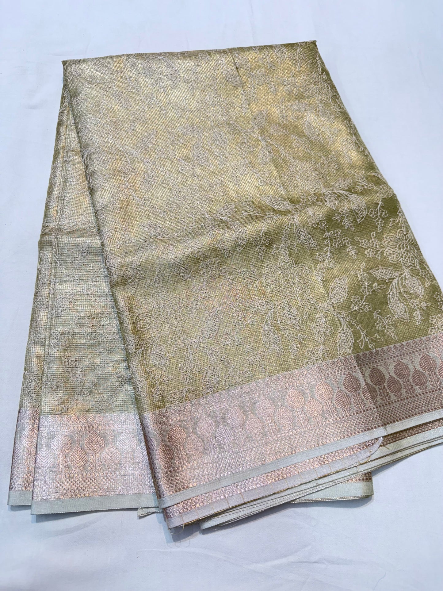 Pista green shade tissue kota embroidery primum Banarasi saree