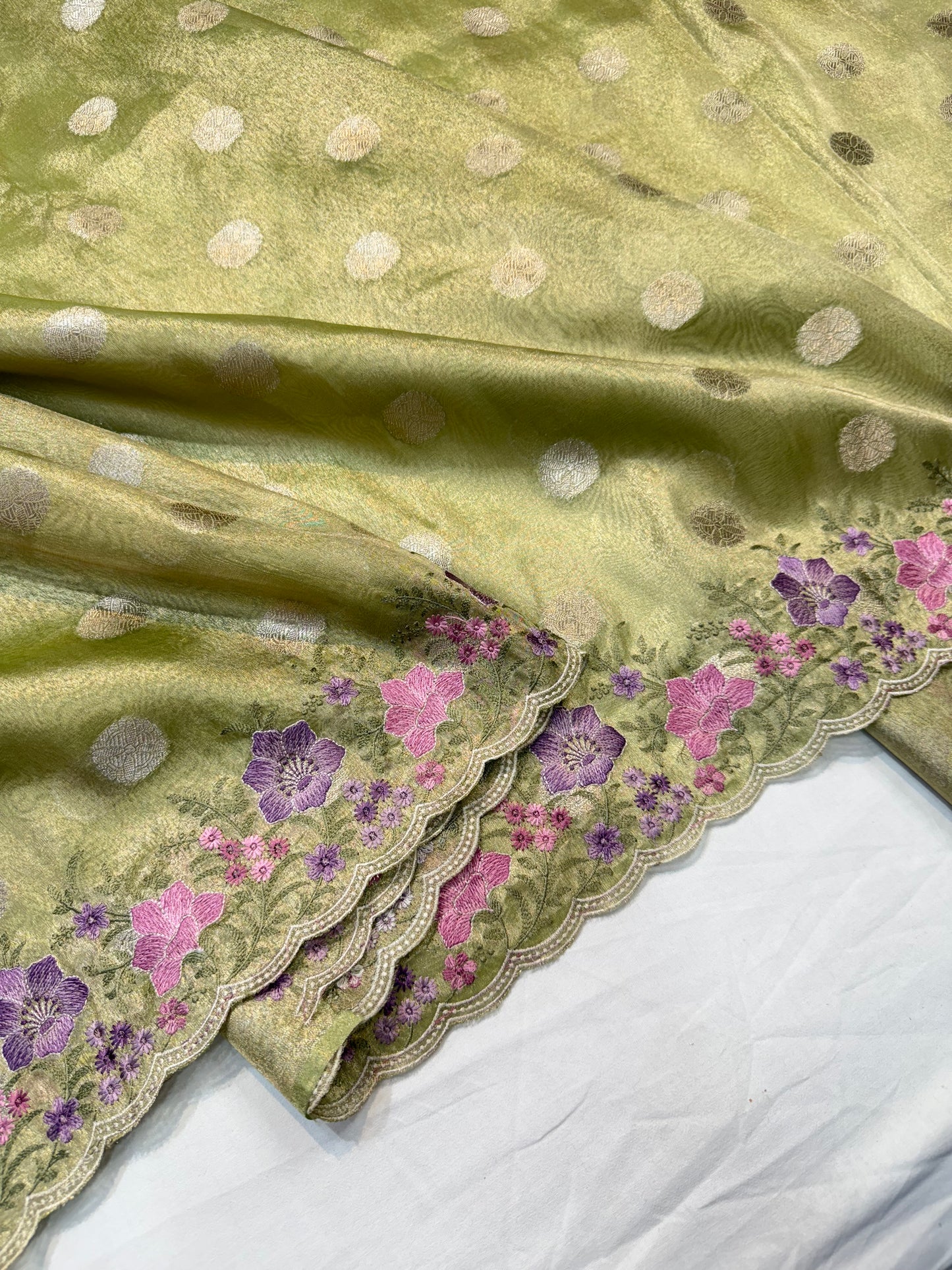 Pista green tissue cutwork embroidery premium designer Banarasi saree
