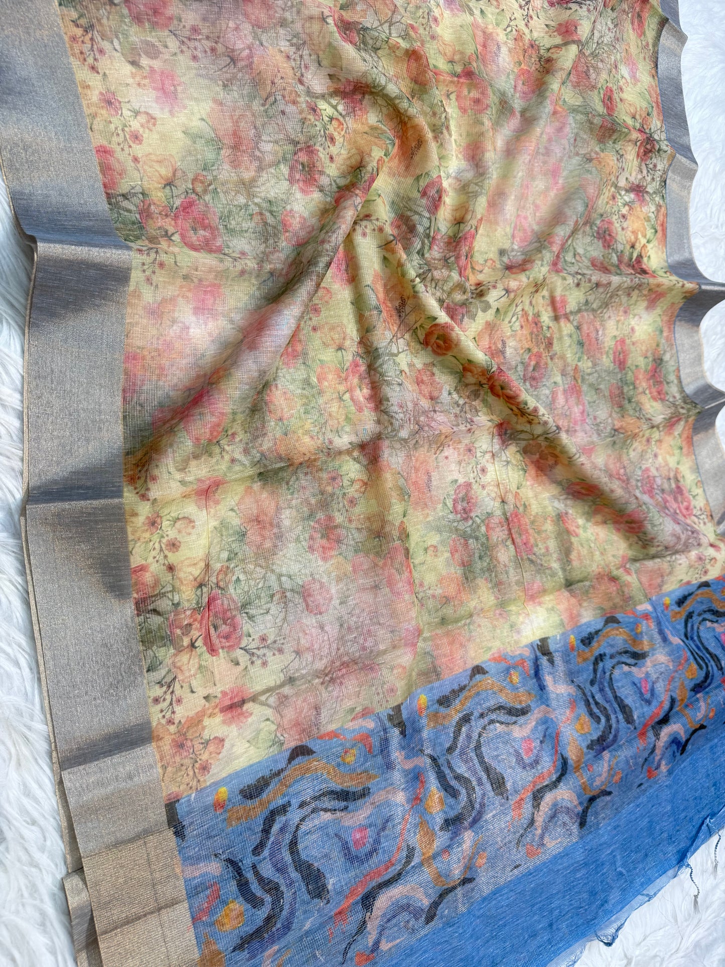 multicolour linen digital print Banarasi saree