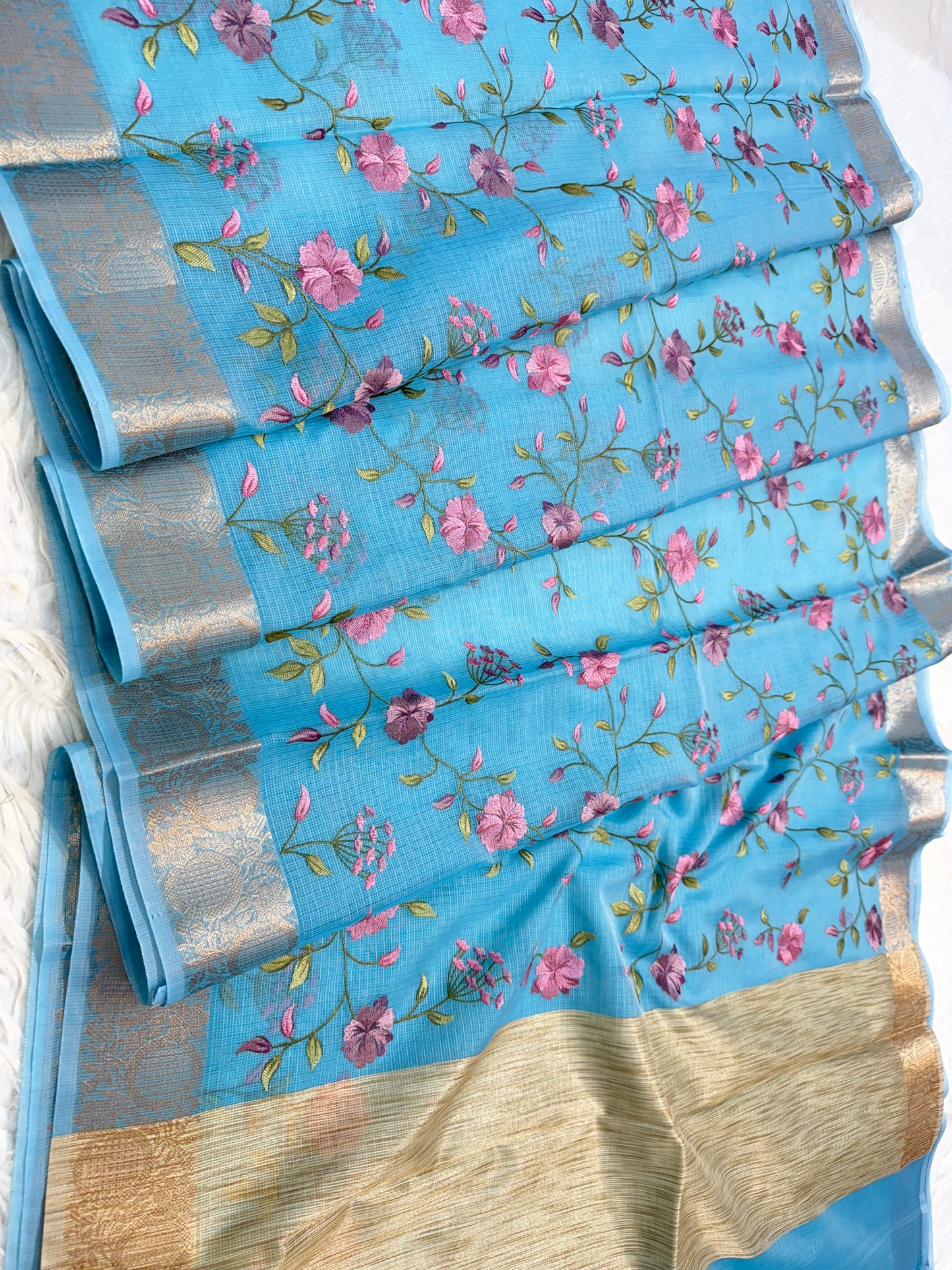 Sky blue shade kota embroidery Banarasi saree
