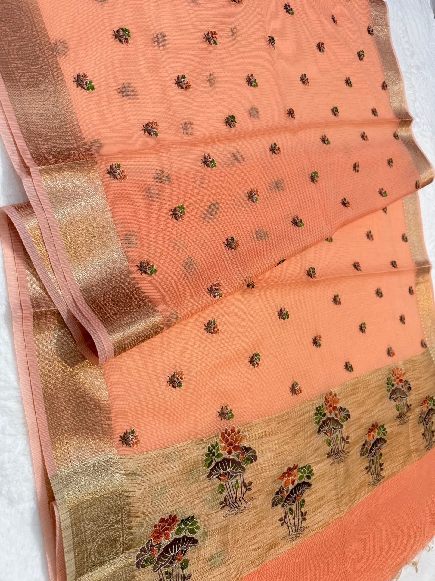 Peach shade cotton kota embroidery Banarasi saree