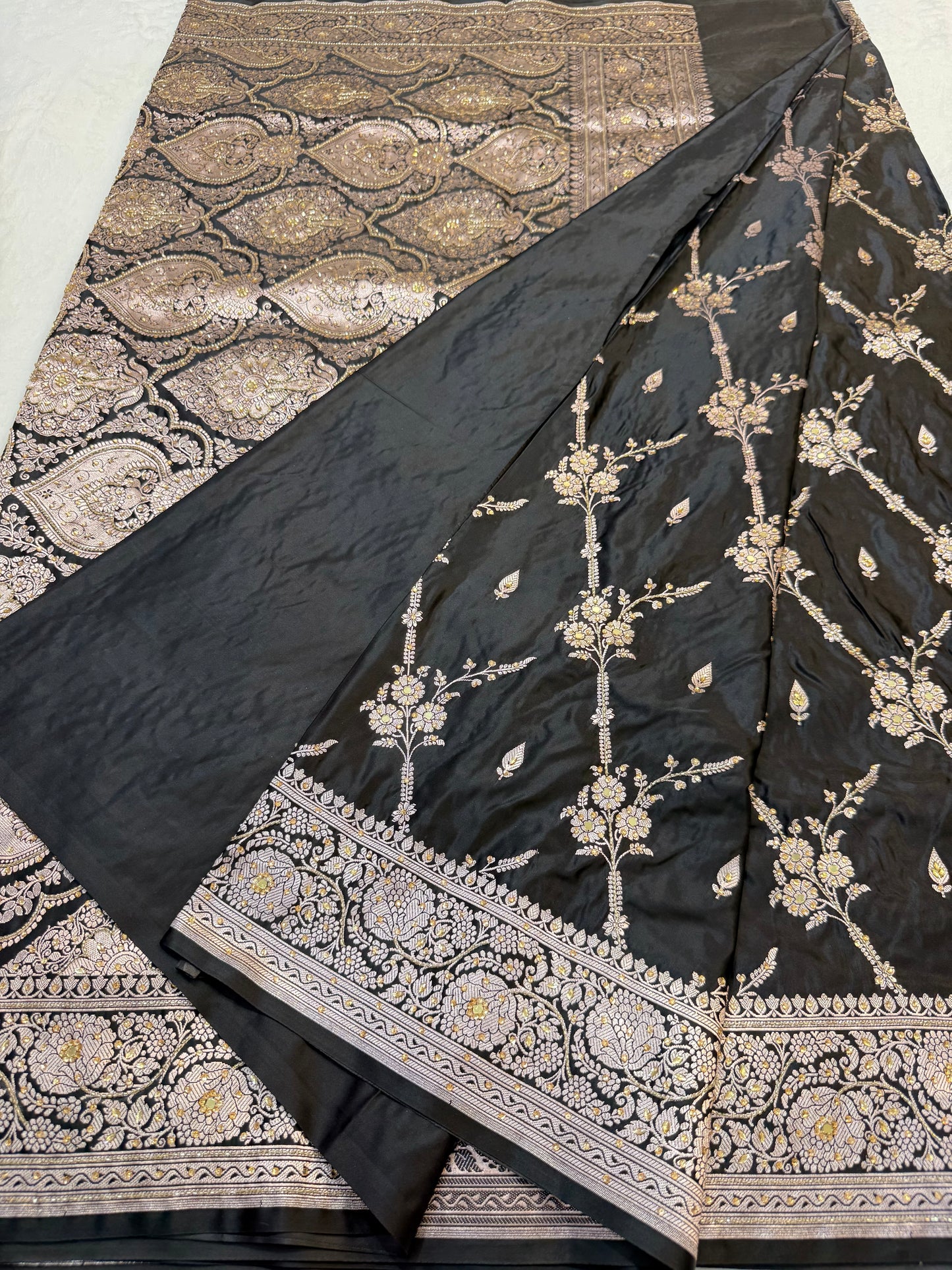 Black shade Bridal Mashru ari & stone Silk Banarasi Saree
