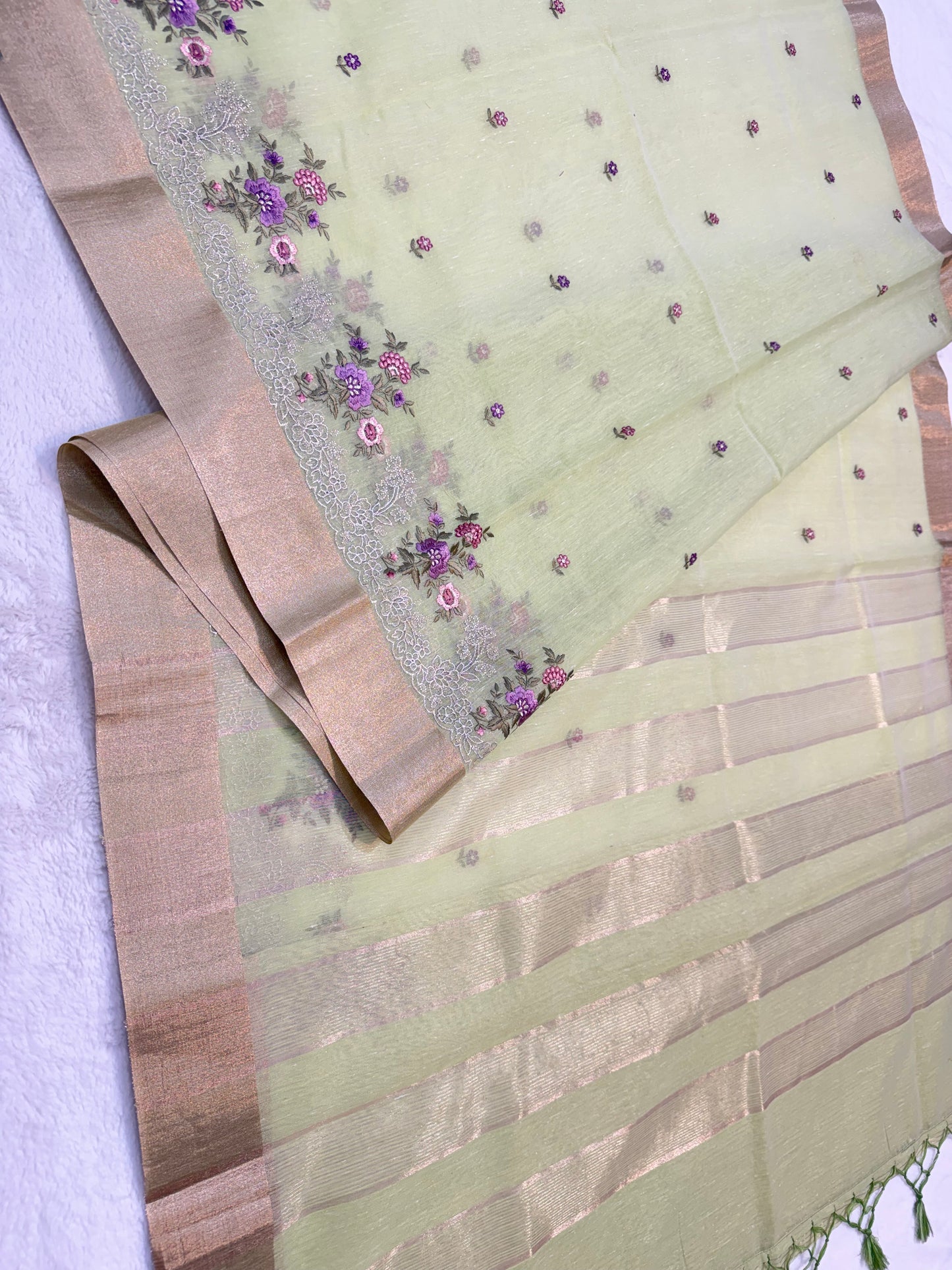 Pista green shade linen embroidery Banarasi saree