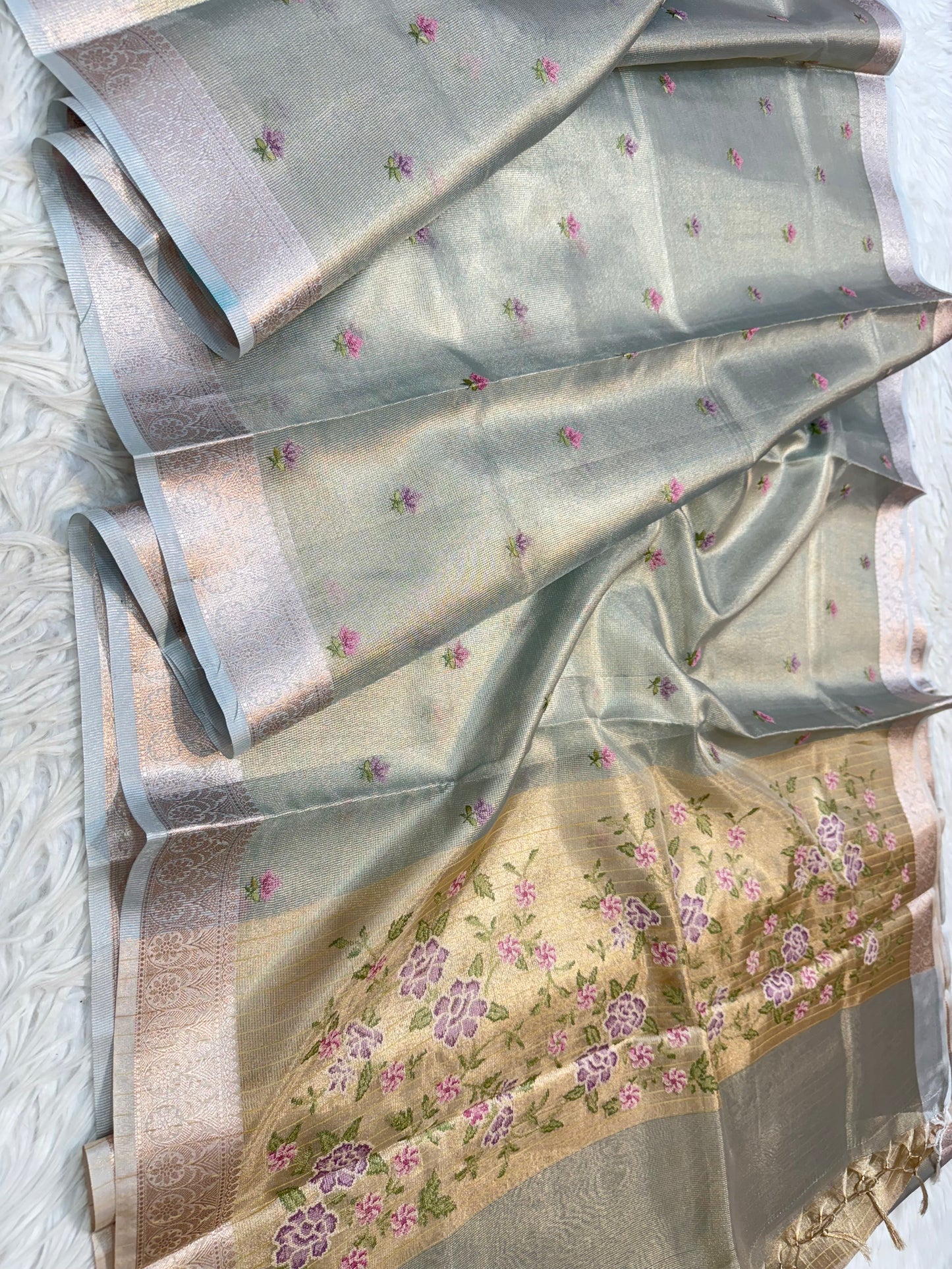 Sea green shade tissue kota embroidery primum Banarasi saree