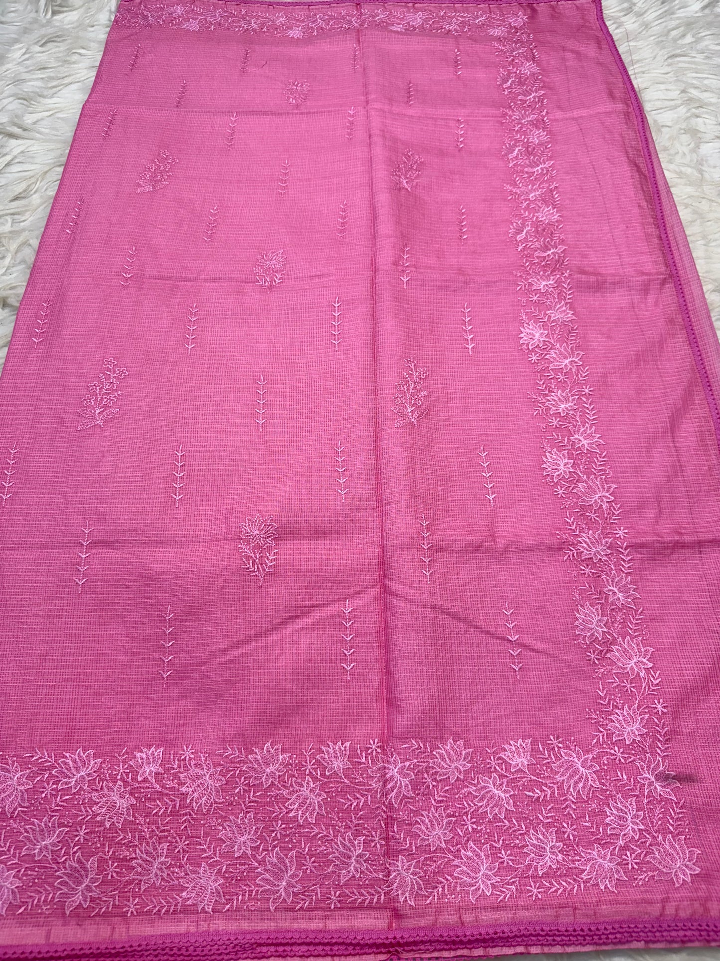 Pink shade cotton kota chickenkari embroidery Banarasi saree