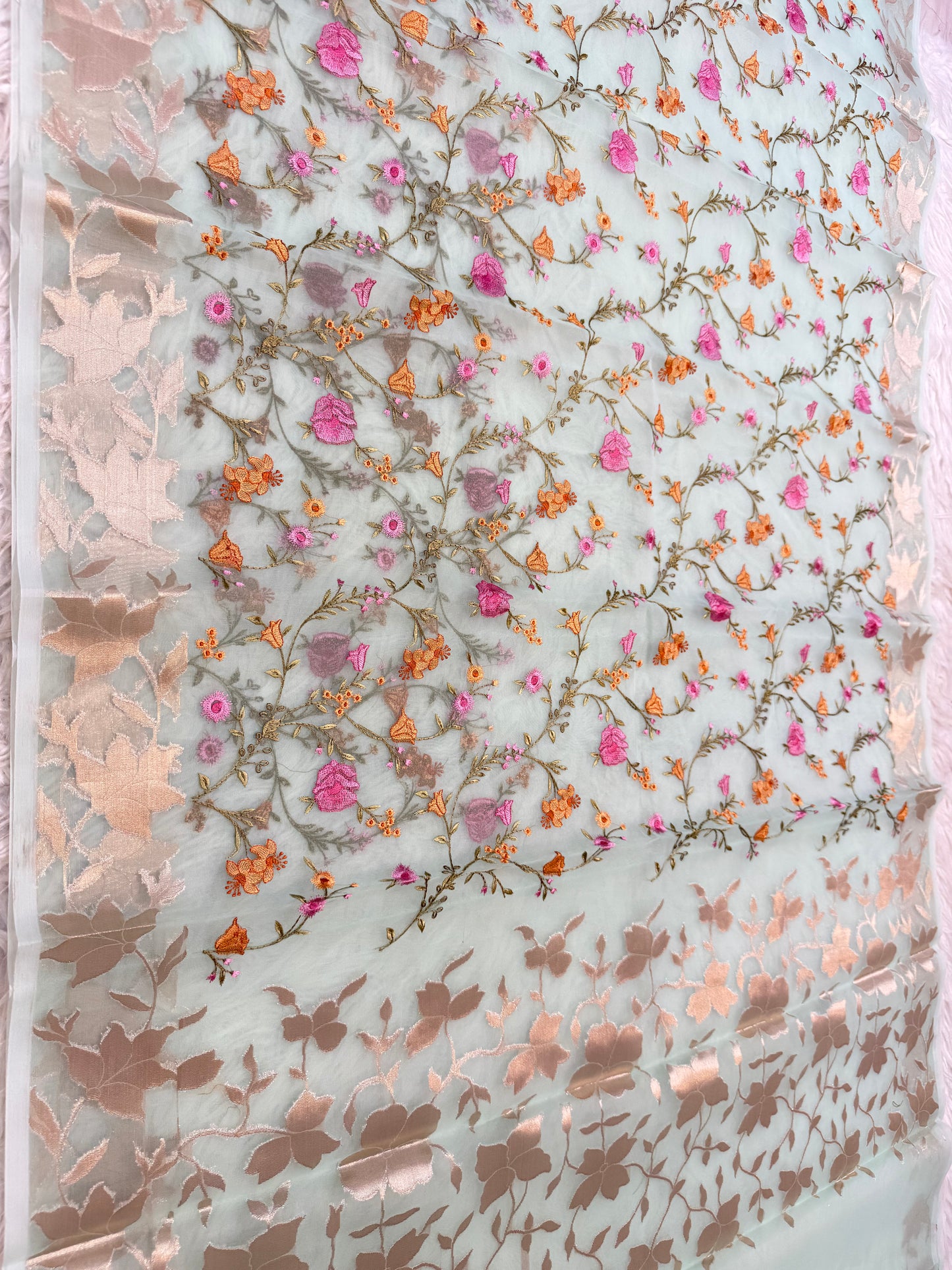 Turquoise shade kora organza embroidery banarasi saree