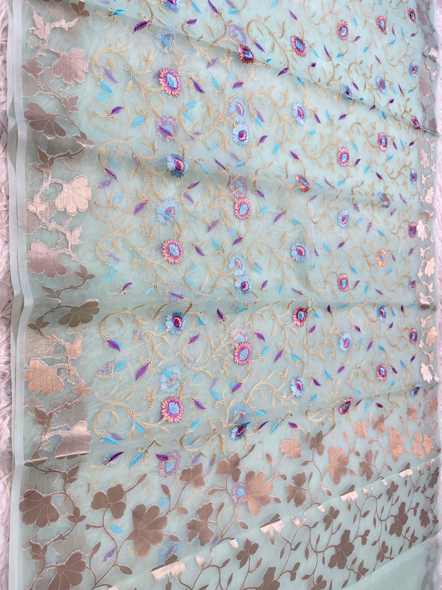 Turquoise kora organza embroidery Banarasi saree