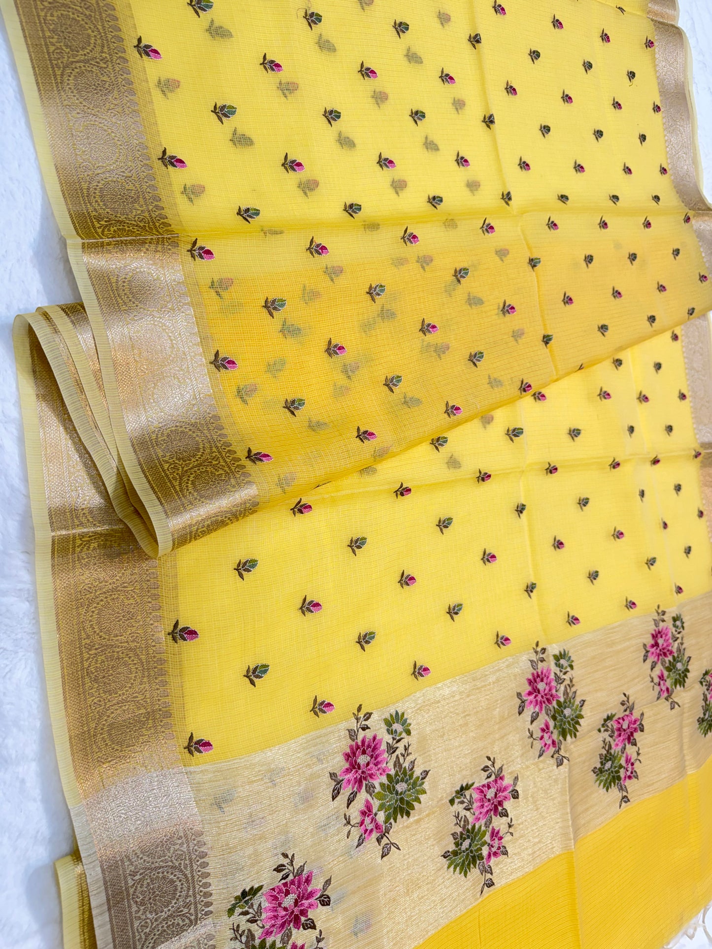 Yellow shade cotton kota embroidery Banarasi saree