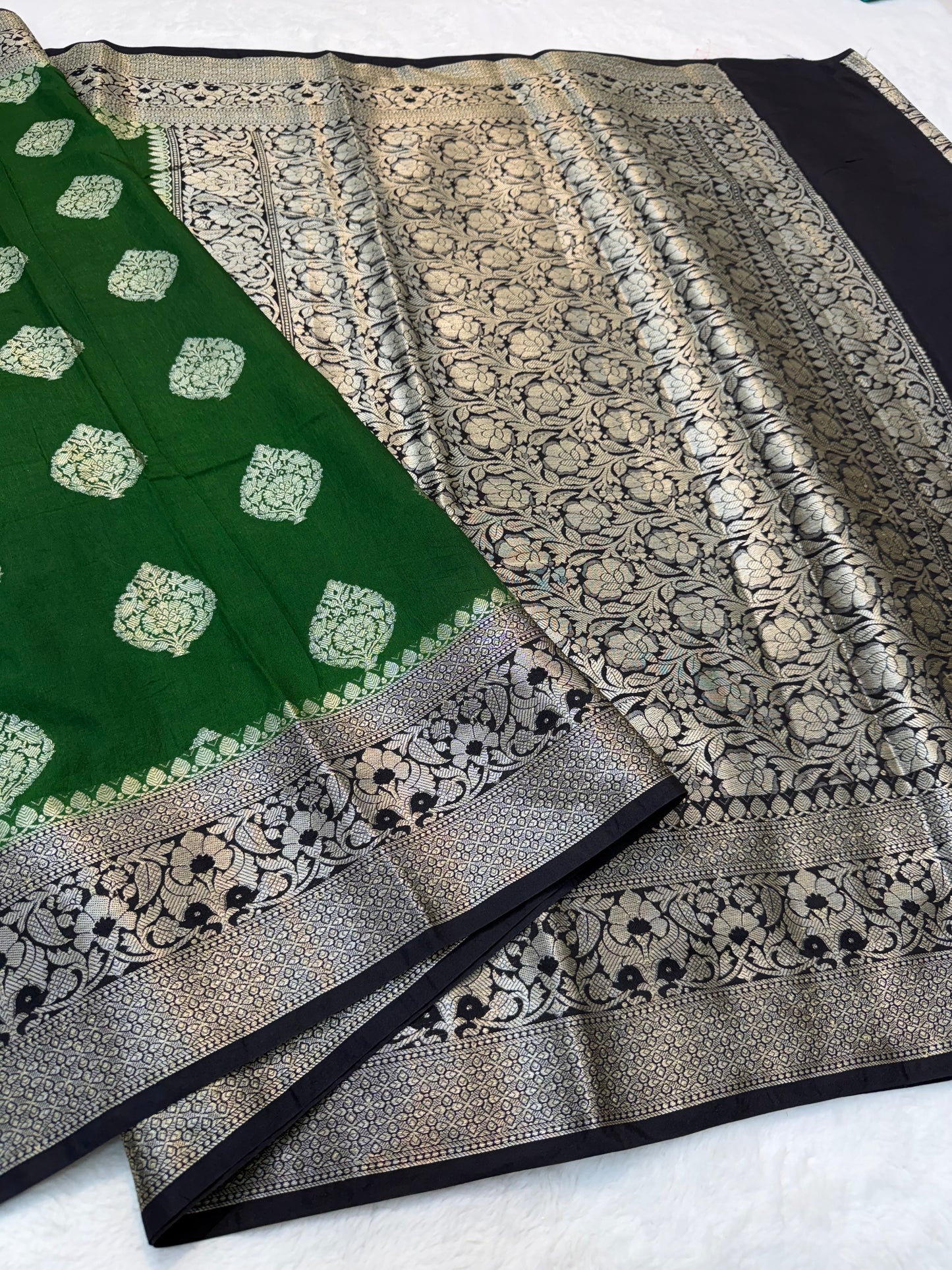 Bottle green black shade Dupion Silk premium Banarasi Saree