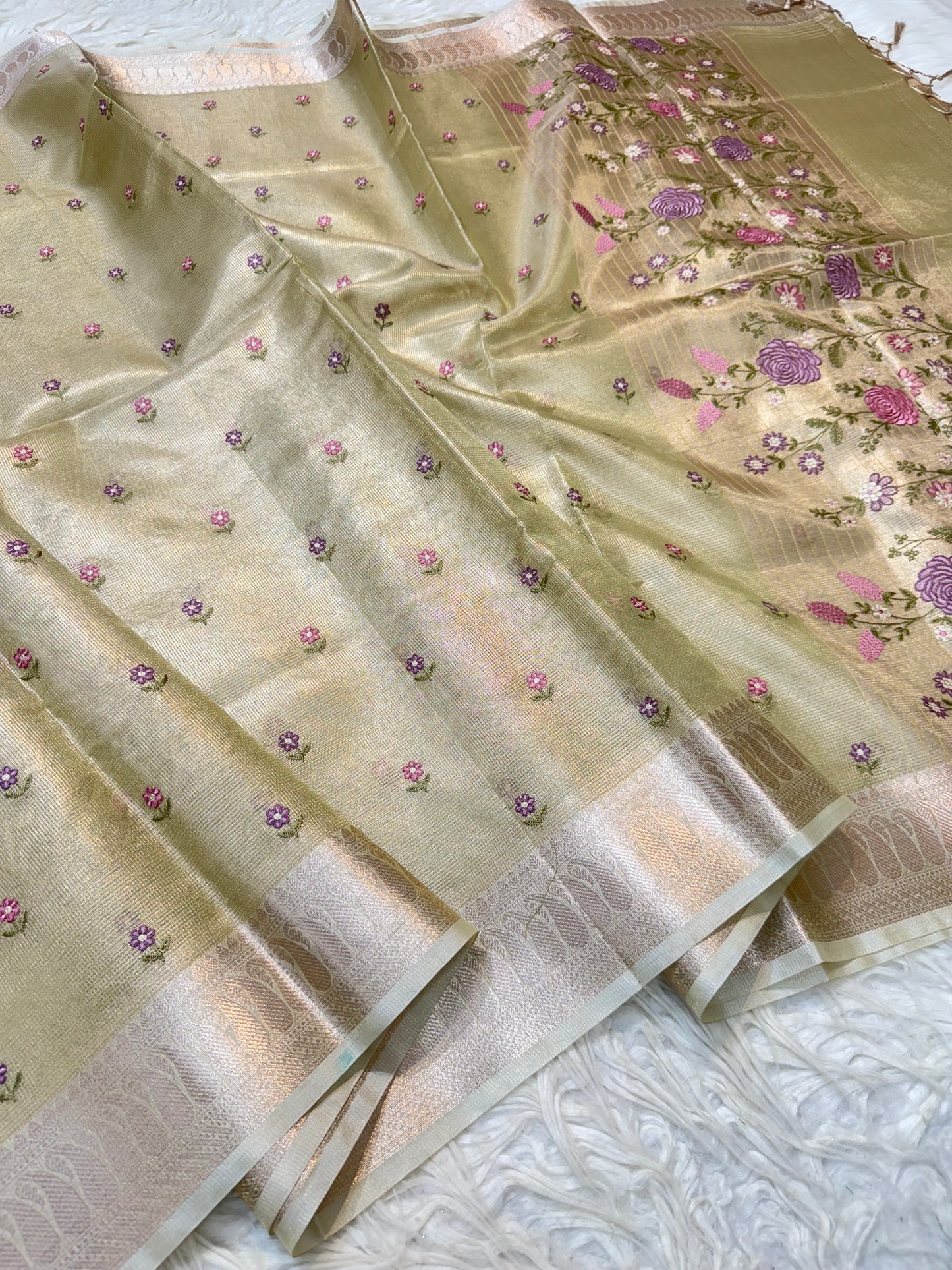 Pista green shade tissue kota embroidery primum Banarasi saree