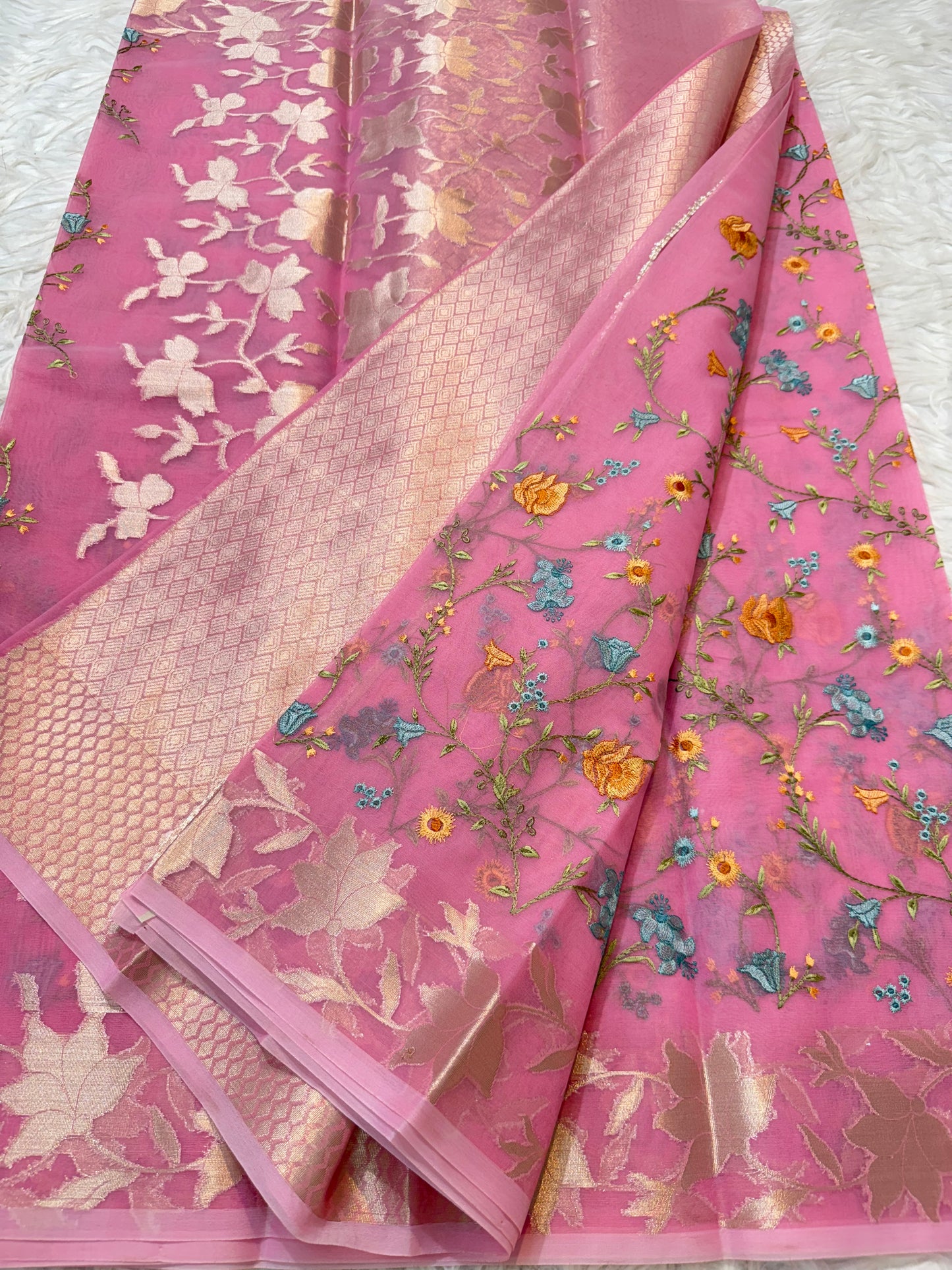 Pink shade kora organza embroidery Banarasi saree