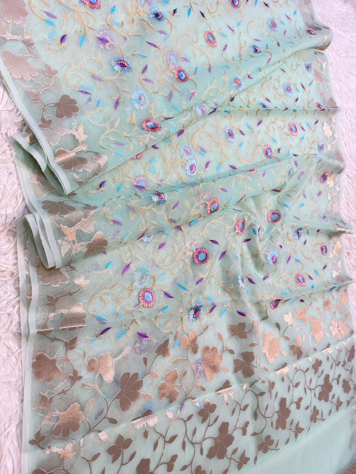 Turquoise kora organza embroidery Banarasi saree