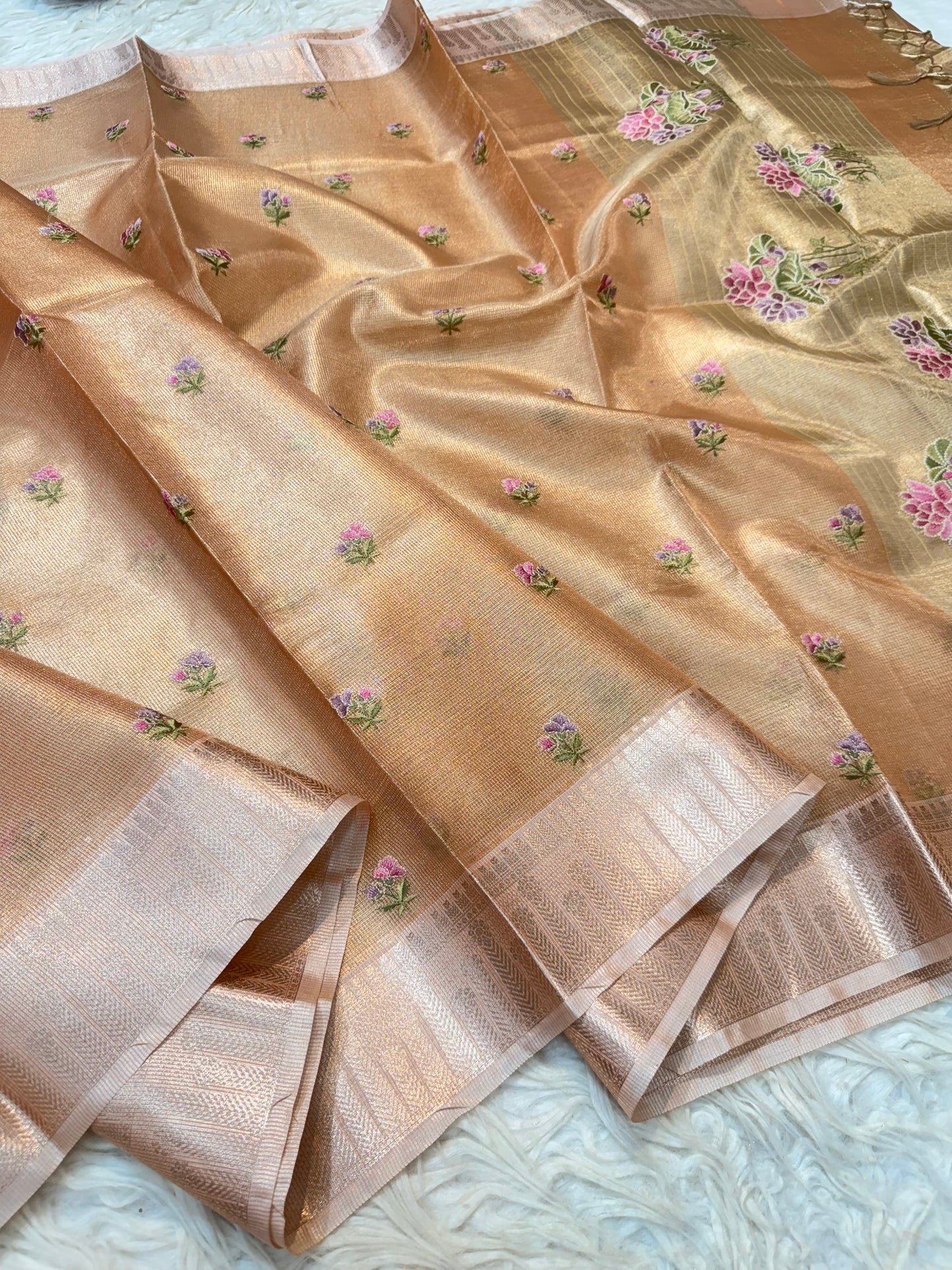 Pink shade tissue kota embroidery primum Banarasi saree