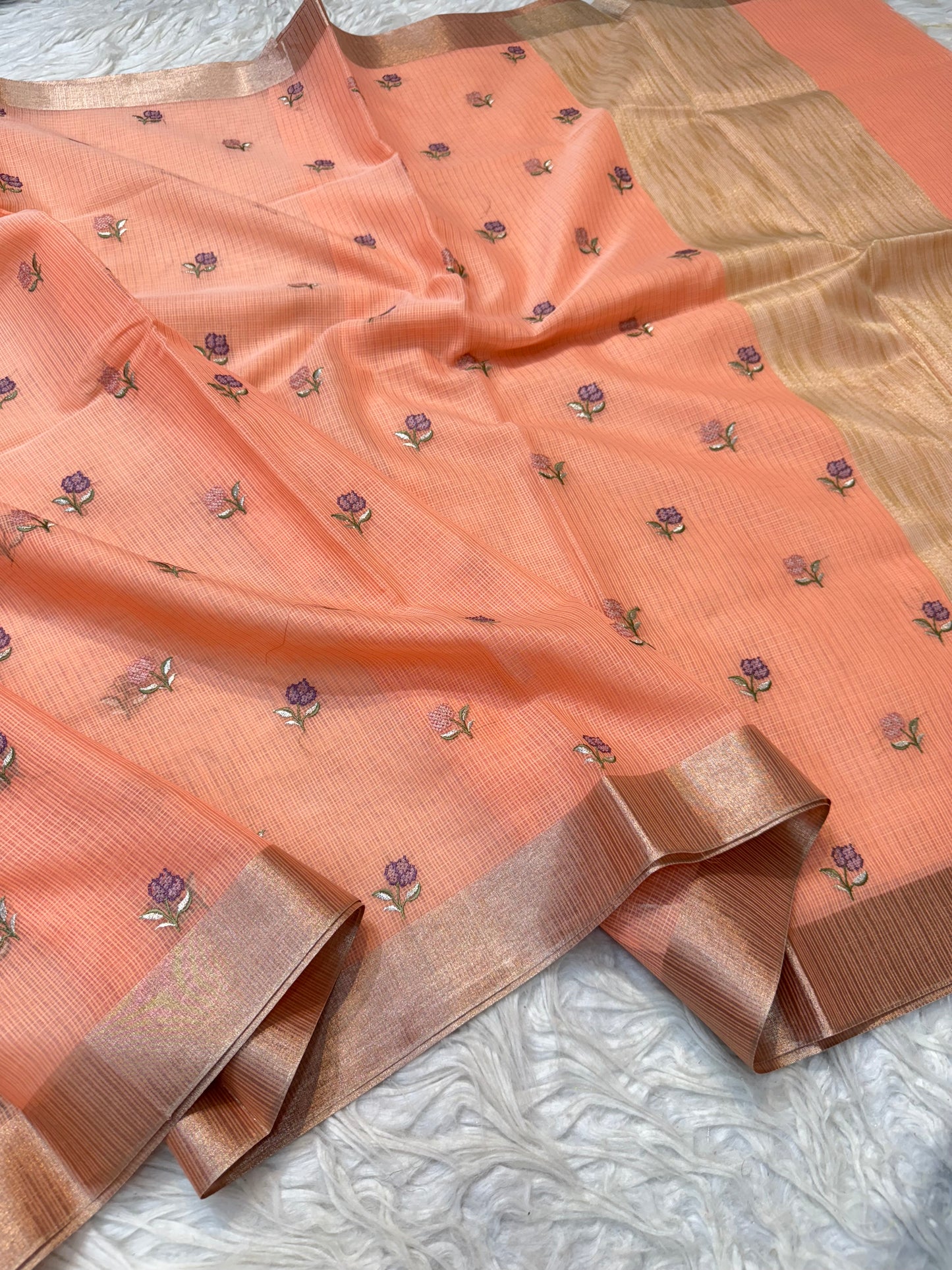 Peach shade cotton kota embroidery Banarasi saree
