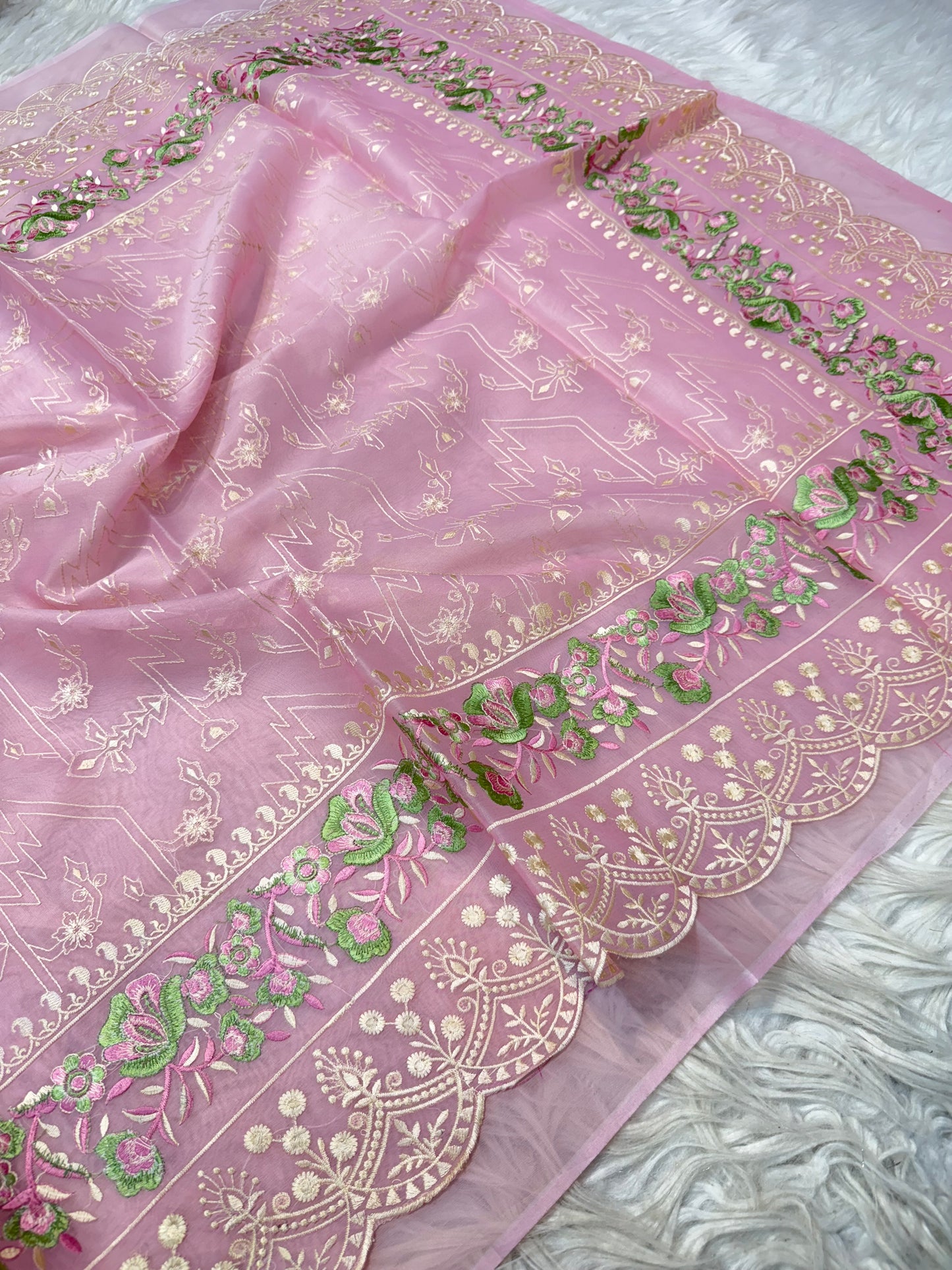 Pink shade kora organza embroidery Banarasi saree