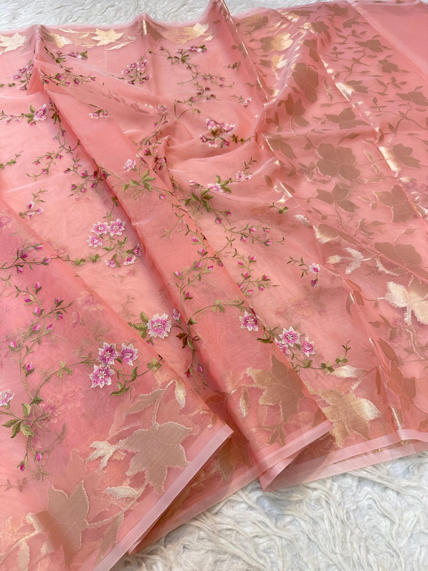 Peach shade kora organza embroidery Banarasi saree