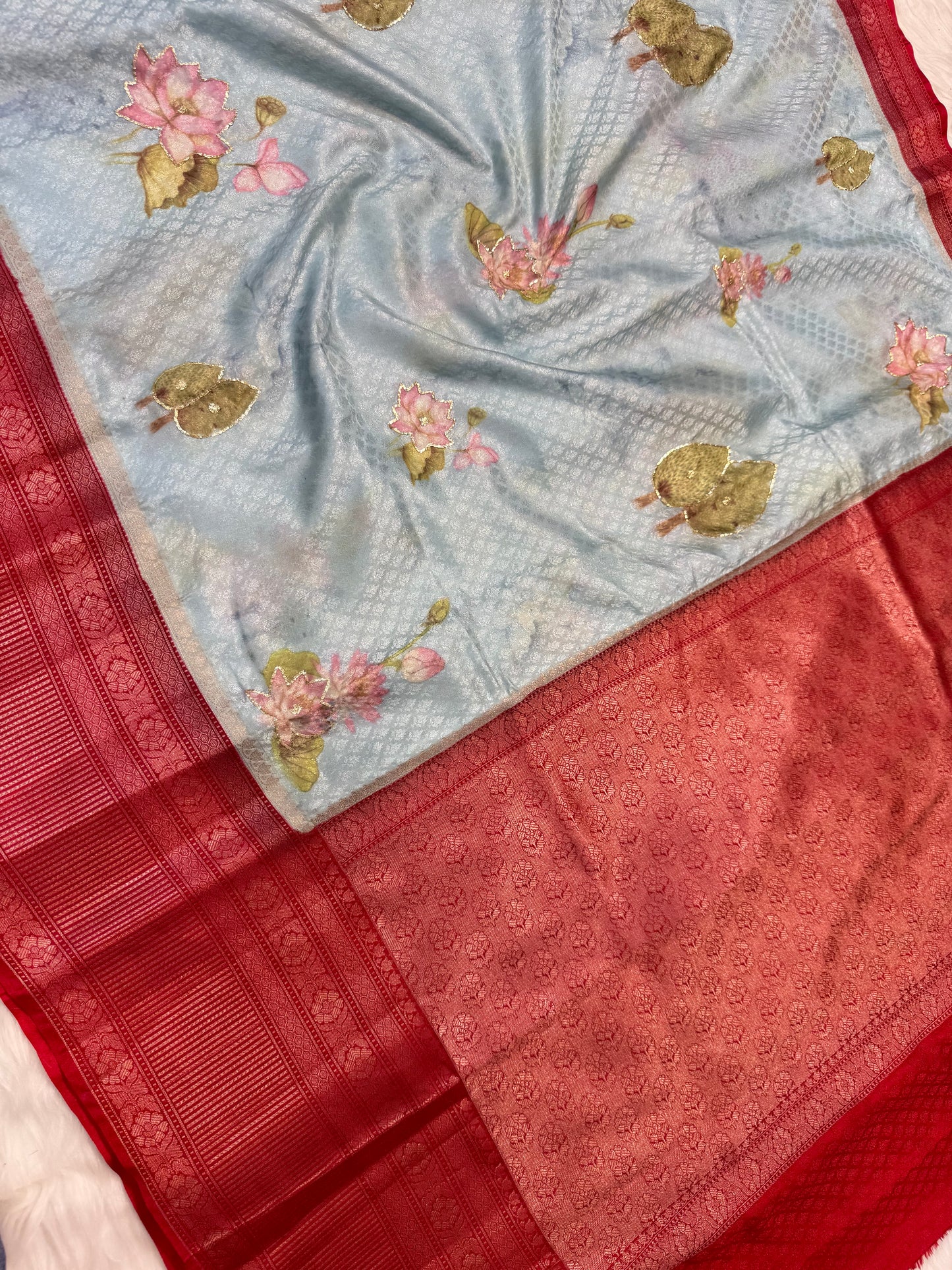 multicolour soft Dupion silk digital print pita work premium Banarasi saree