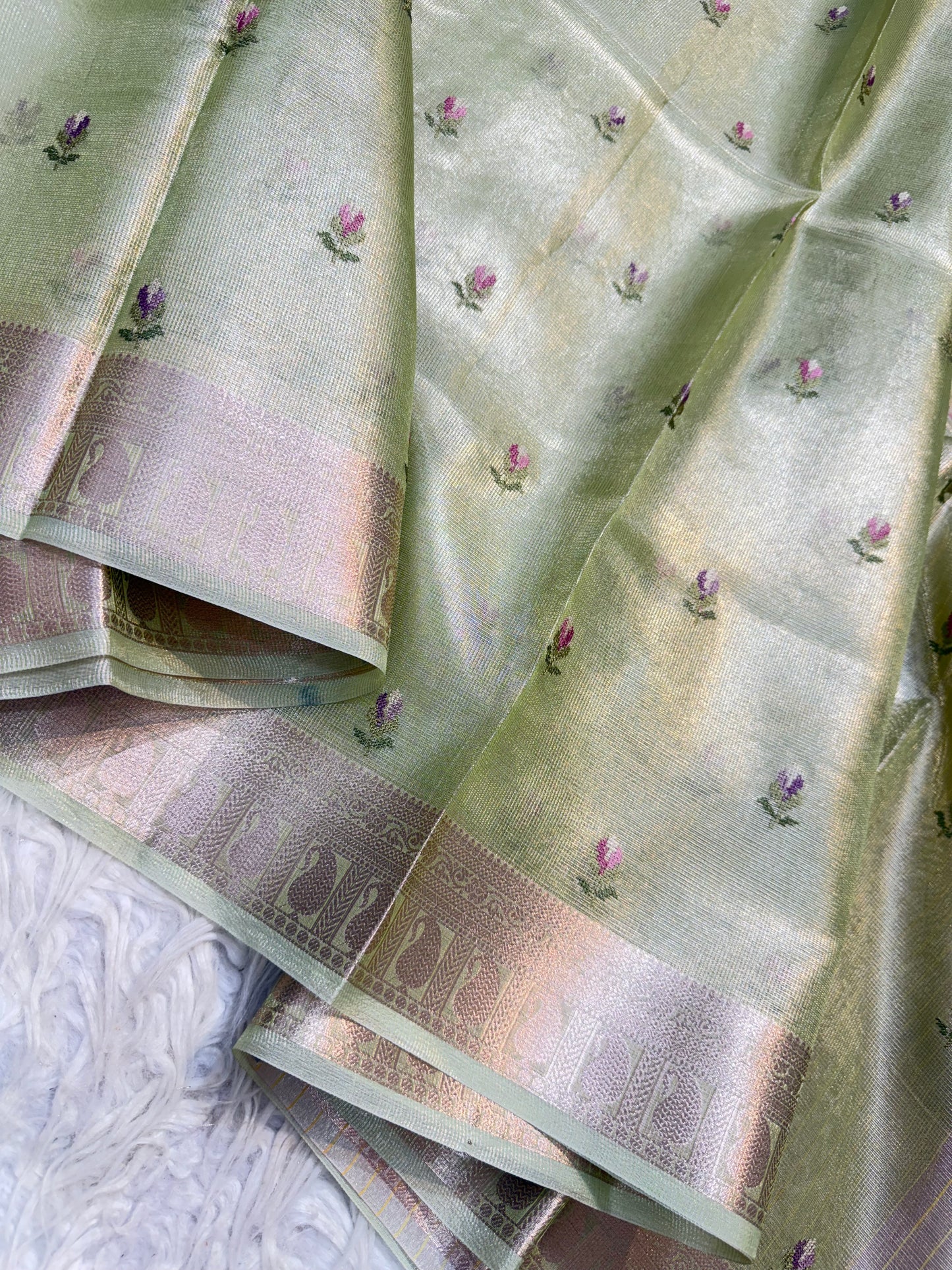Pista green shade tissue kota embroidery primum Banarasi saree