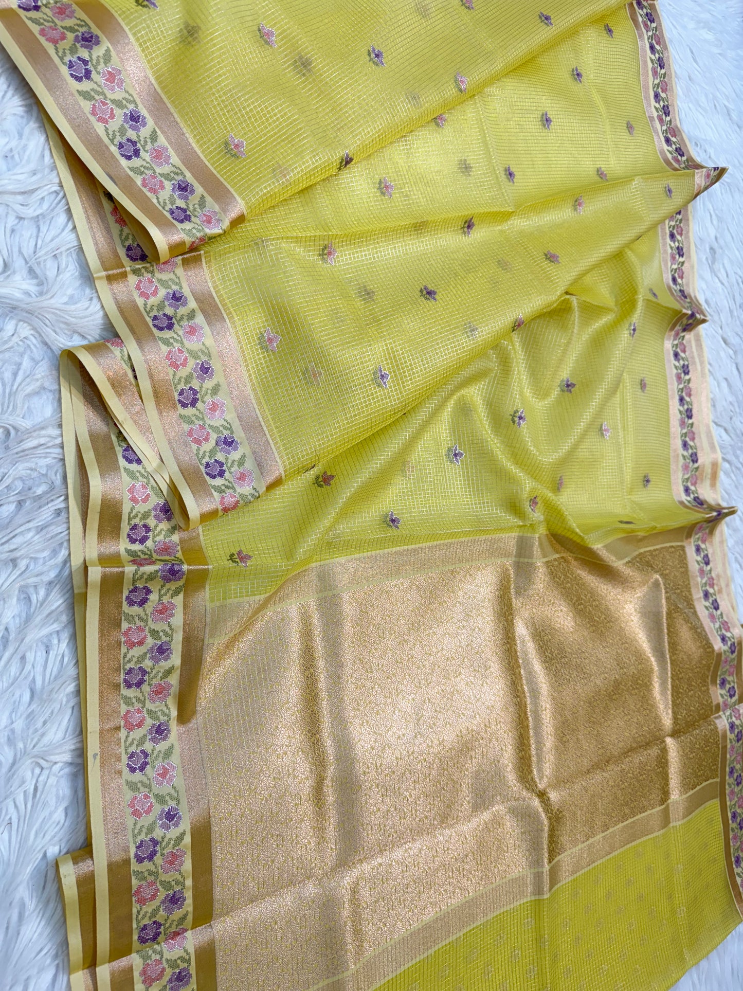Mustard shade kora organza embroidery Banarasi saree