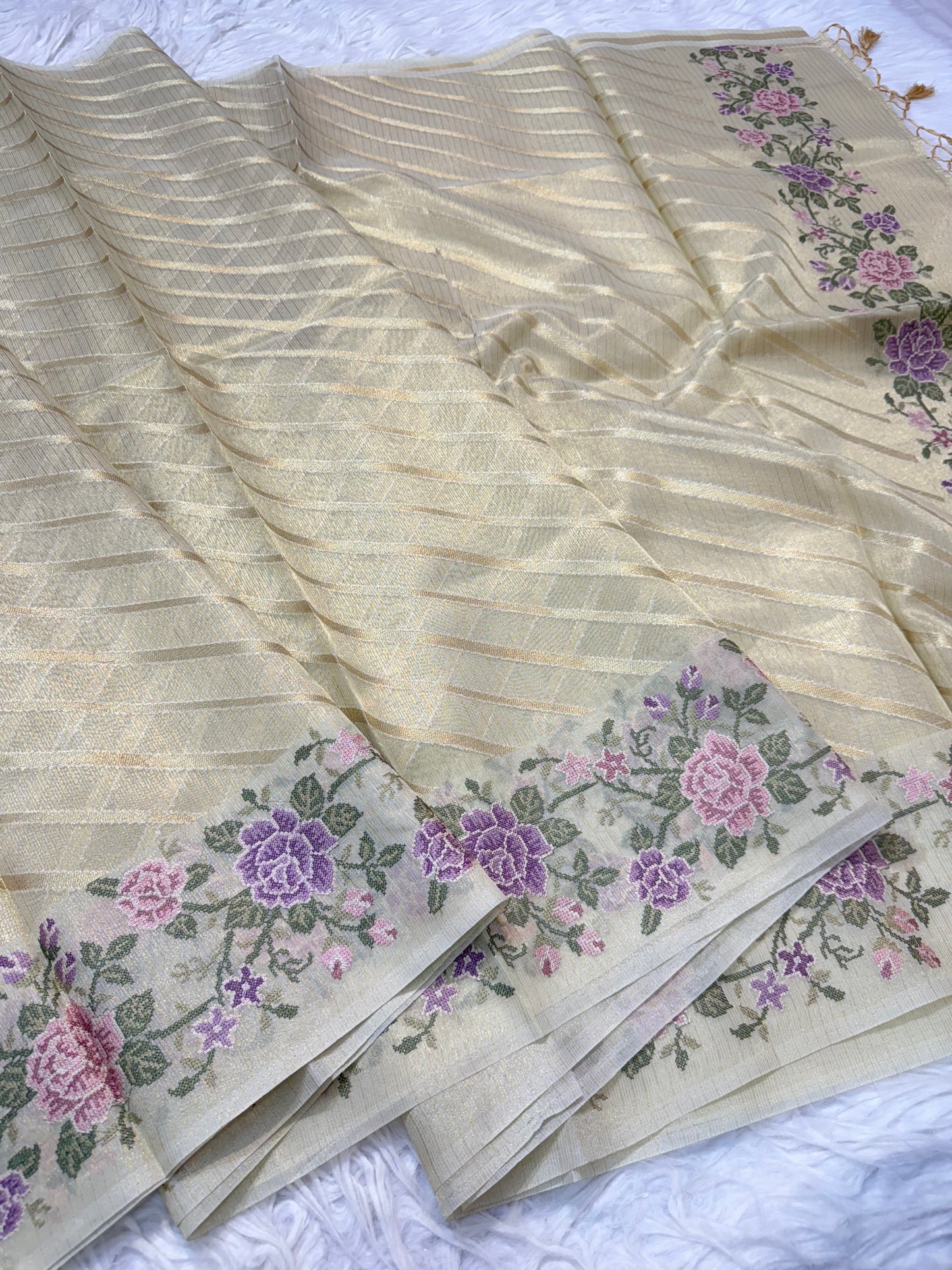 Beige shade tissue kota embroidery primum Banarasi saree
