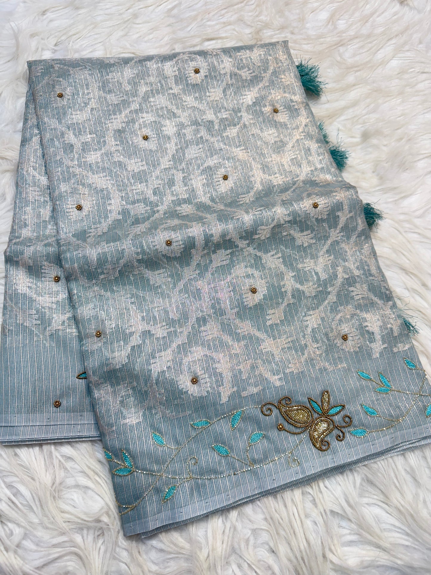 Sea green shade tissue kota zardosi work premium Banarasi saree
