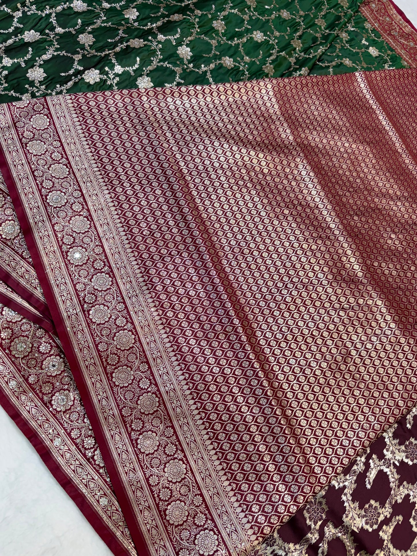 Bottle green & maroon shade Bridal Satan katan ari & stone work Banarasi silk Saree
