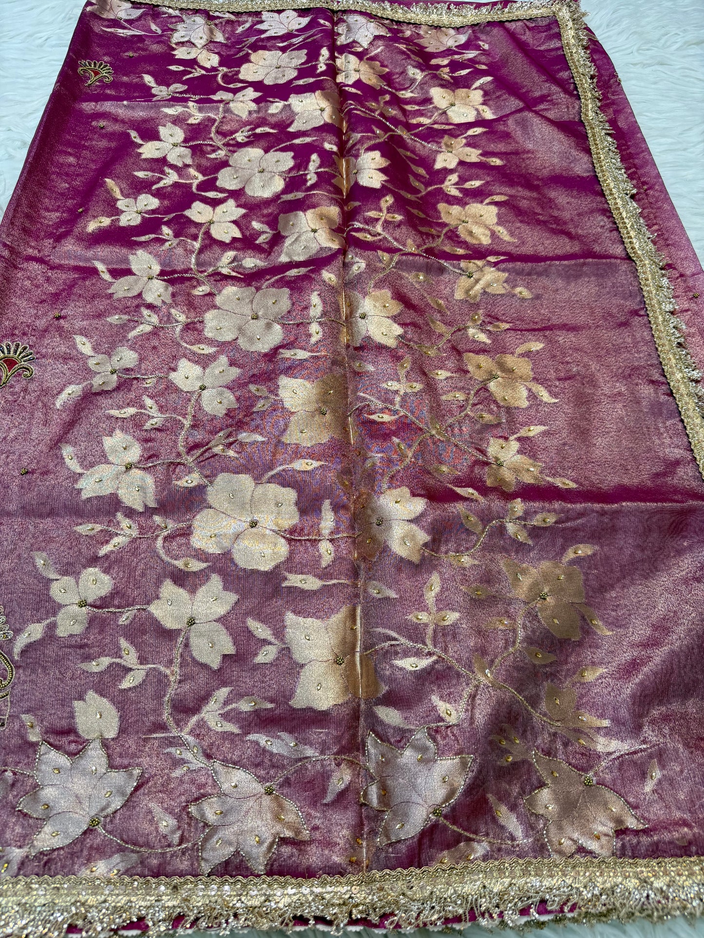 Royal pink shade tissue ari & zardosi work designer premium Banarasi saree