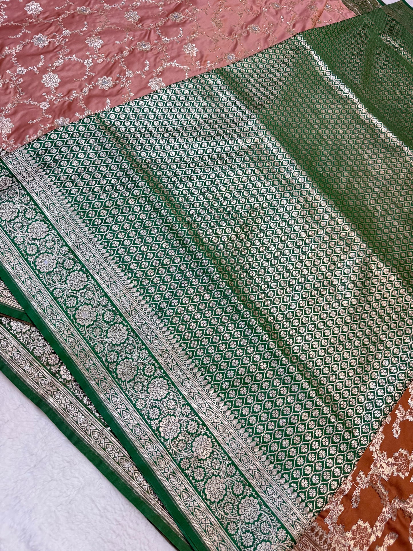 Peach & bottle green shade Bridal Satan katan ari & stone work Banarasi silk Saree