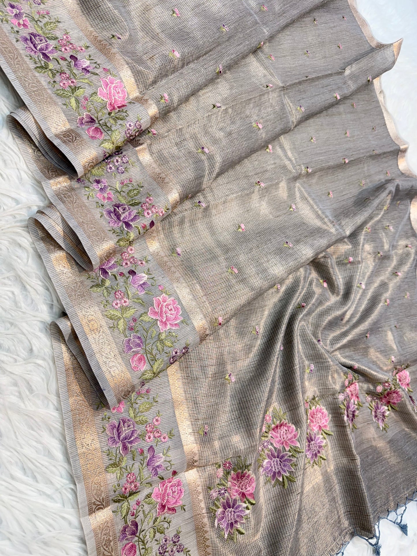 Gray shade tissue linen designer embroidery Banarasi saree