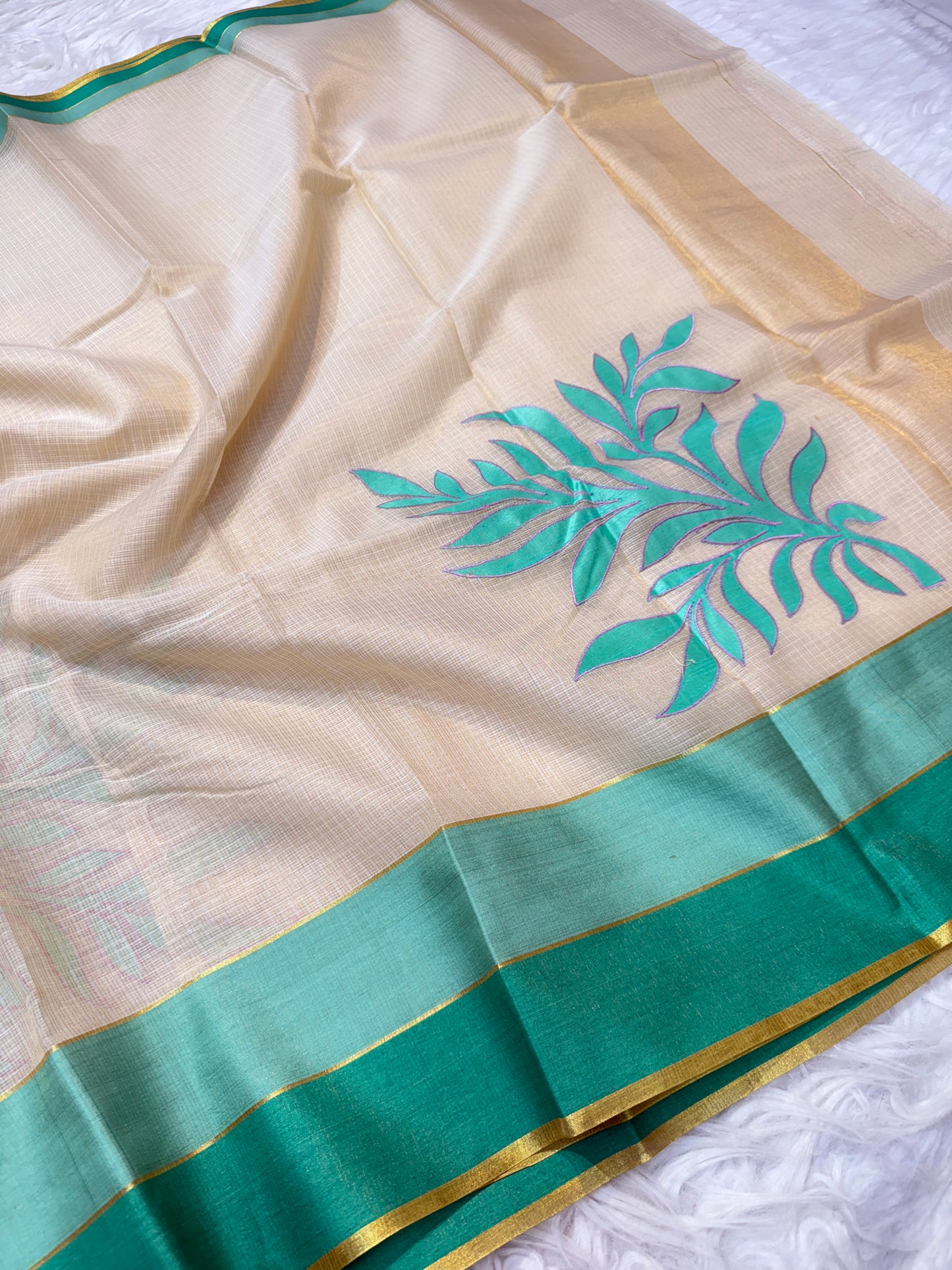 Off White Sea green parrot green shade tissue kota appliqué work Banarasi saree