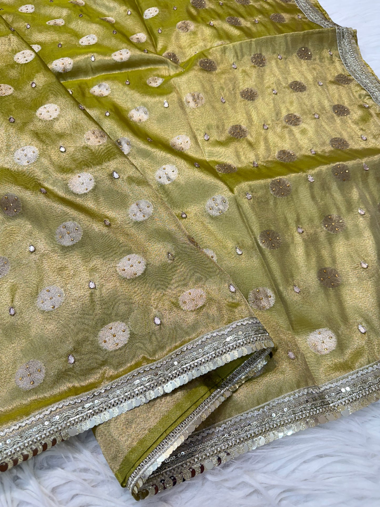 Pista green shade tissue ari & zardosi work designer premium Banarasi saree