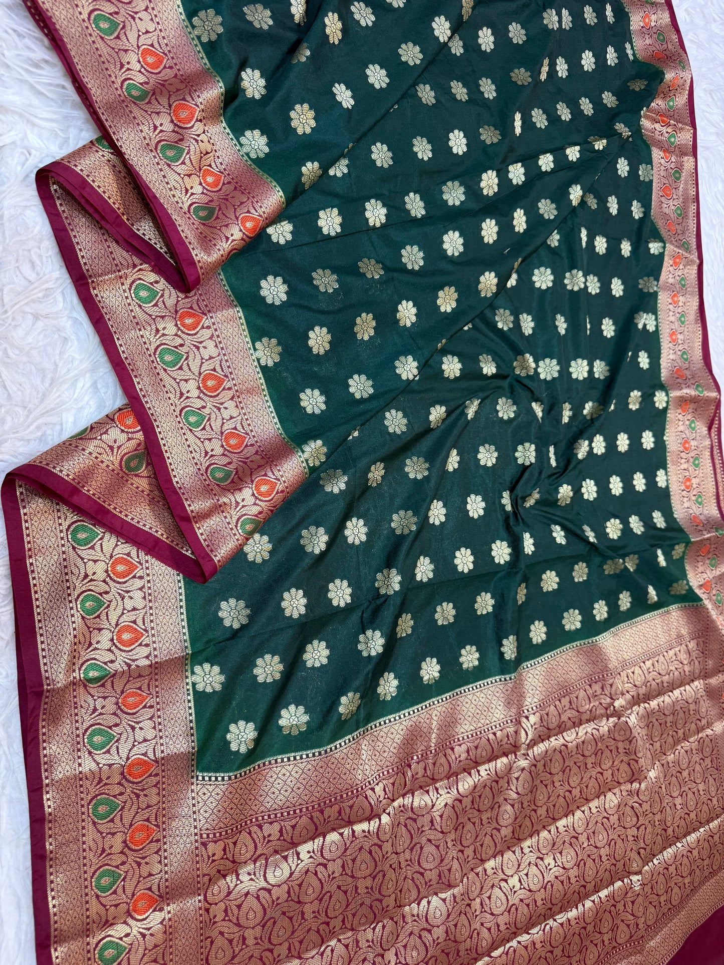 Bottle green & maroon shade Dupion Silk premium Banarasi Saree