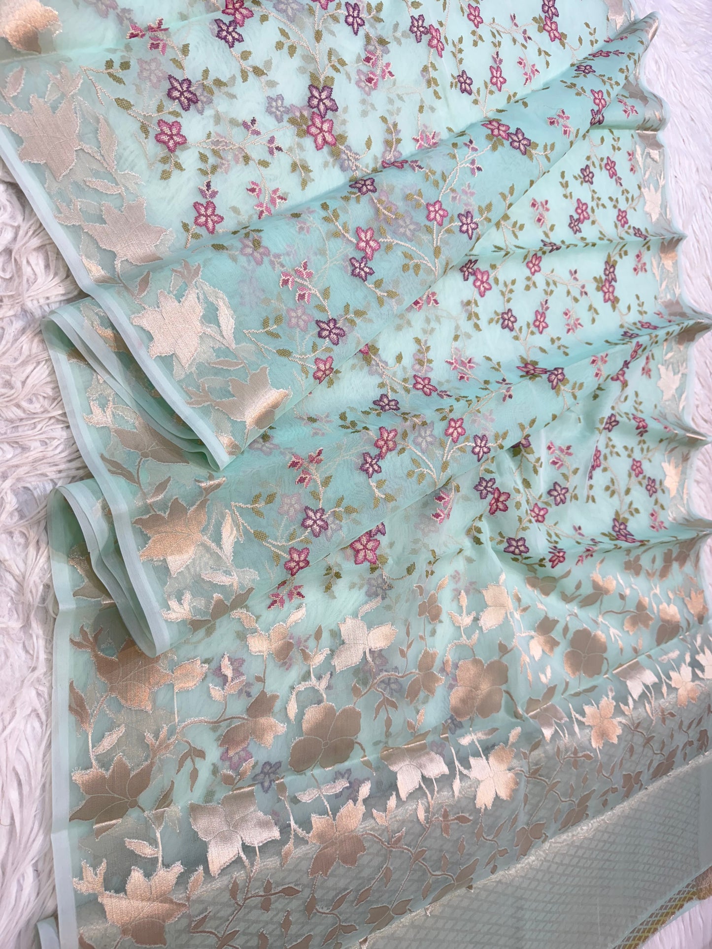Turquoise shade kora organza embroidery saree