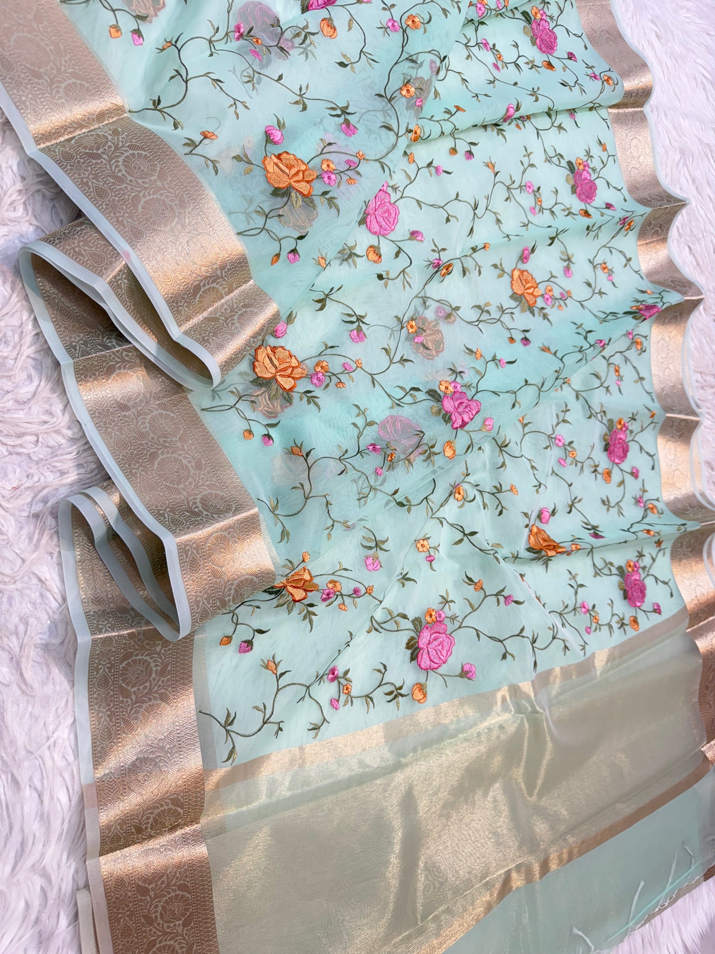 Turquoise shade organza embroidery Banarasi saree