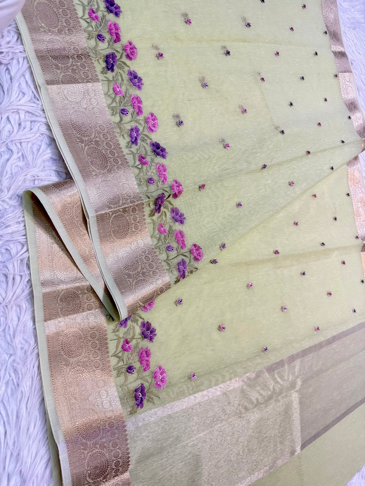 Pista green shade linen embroidery Banarasi saree