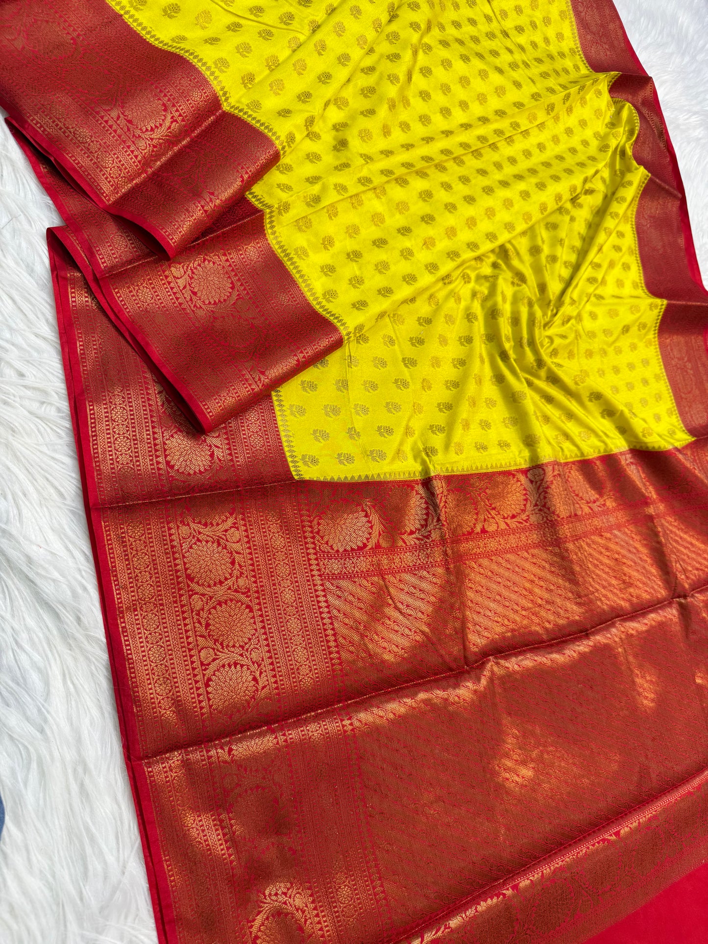 Yellow red shade Dupion Silk Banarasi Saree
