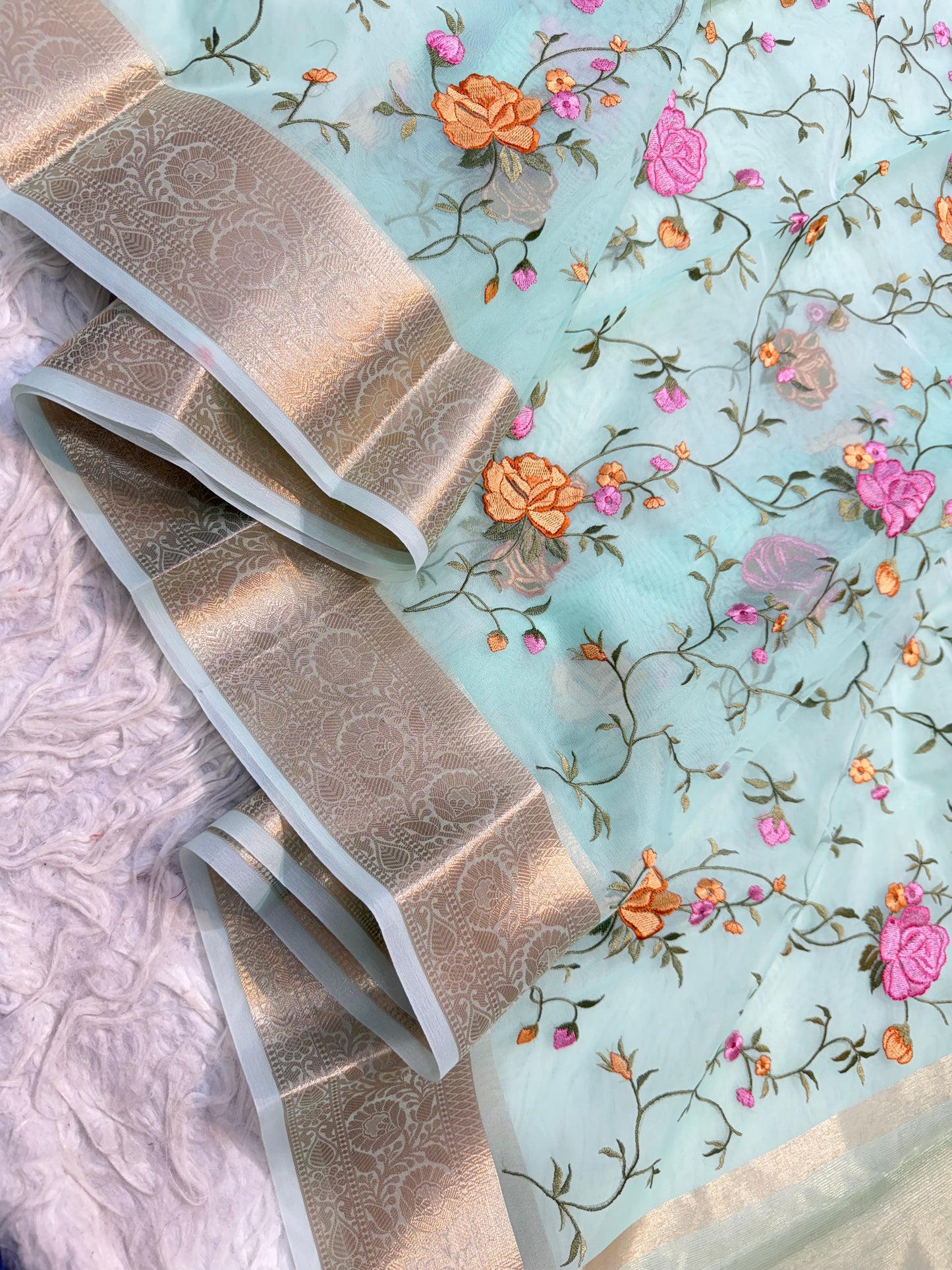 Turquoise shade organza embroidery Banarasi saree