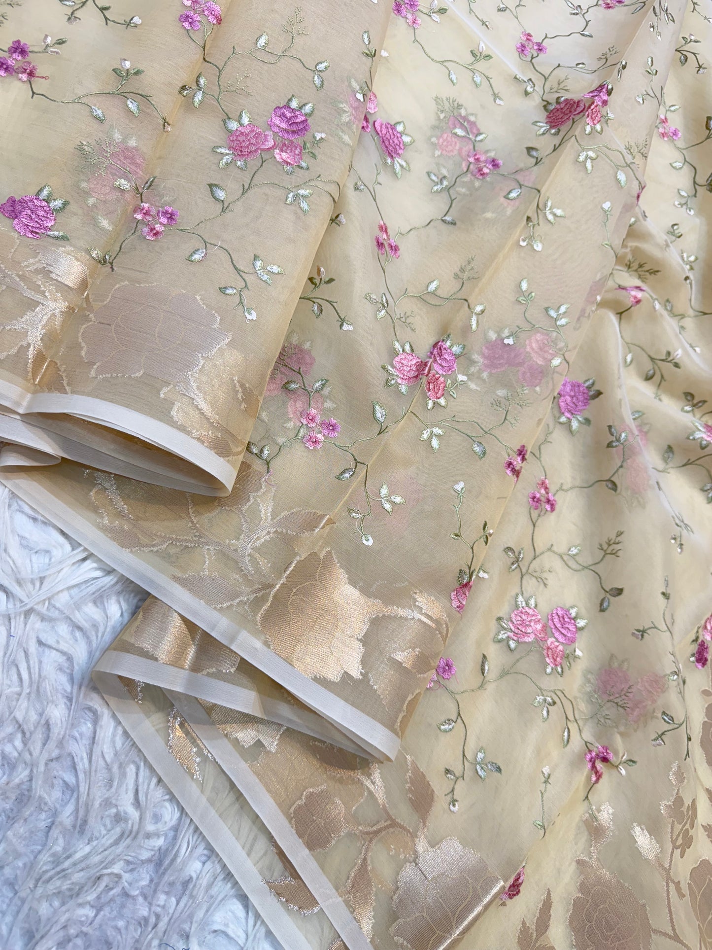 Beige green shade kora organza embroidery Banarasi saree
