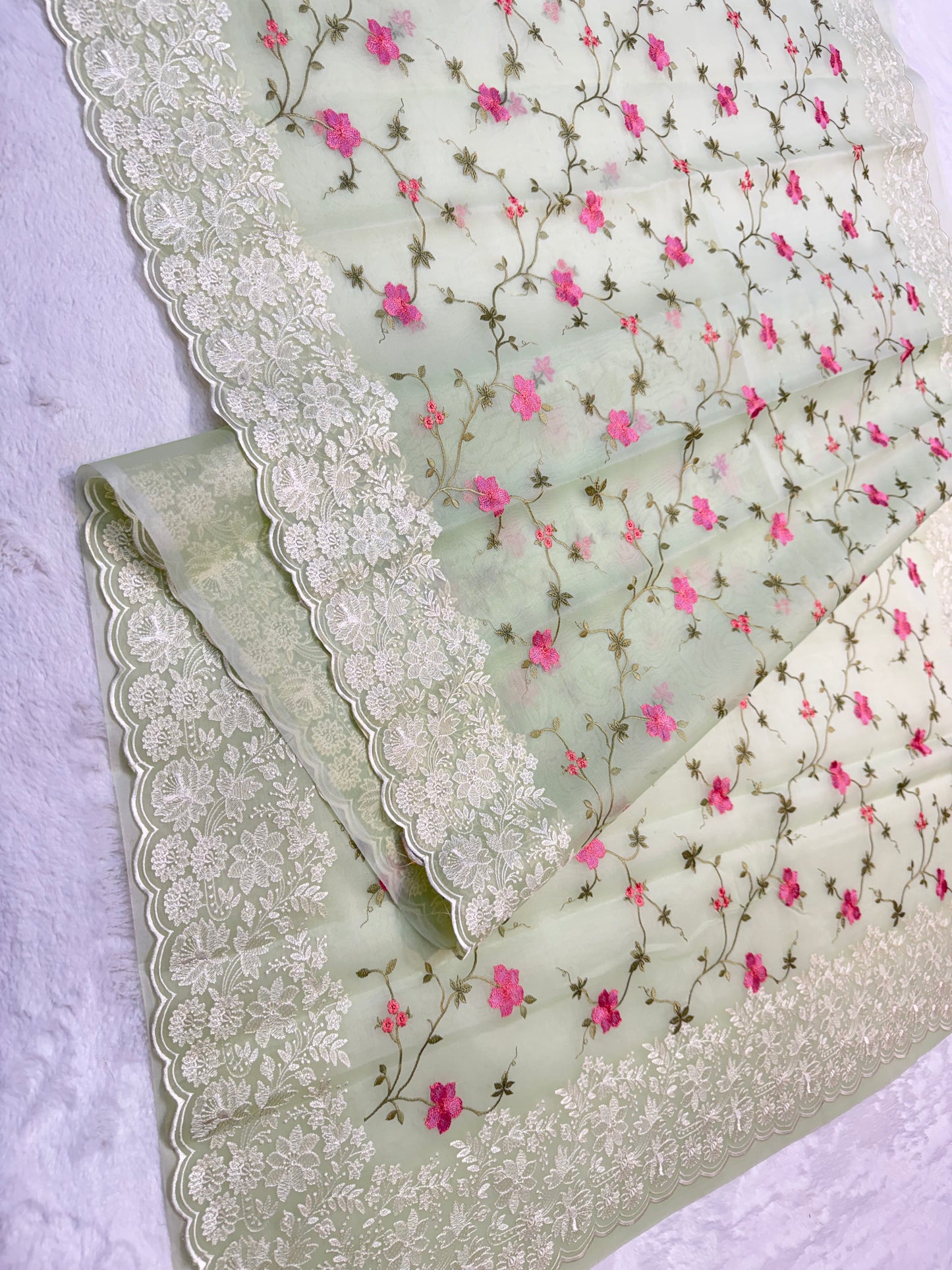 Pista green shade organza designer cutwork premium embroidery Banarasi saree