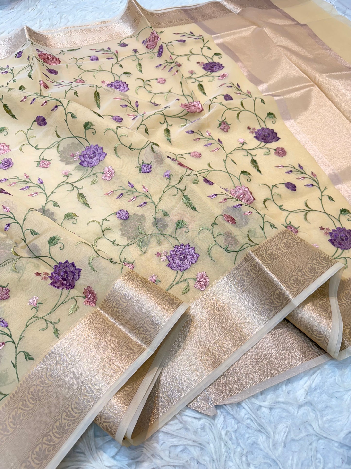 Beige shade organza embroidery Banarasi saree
