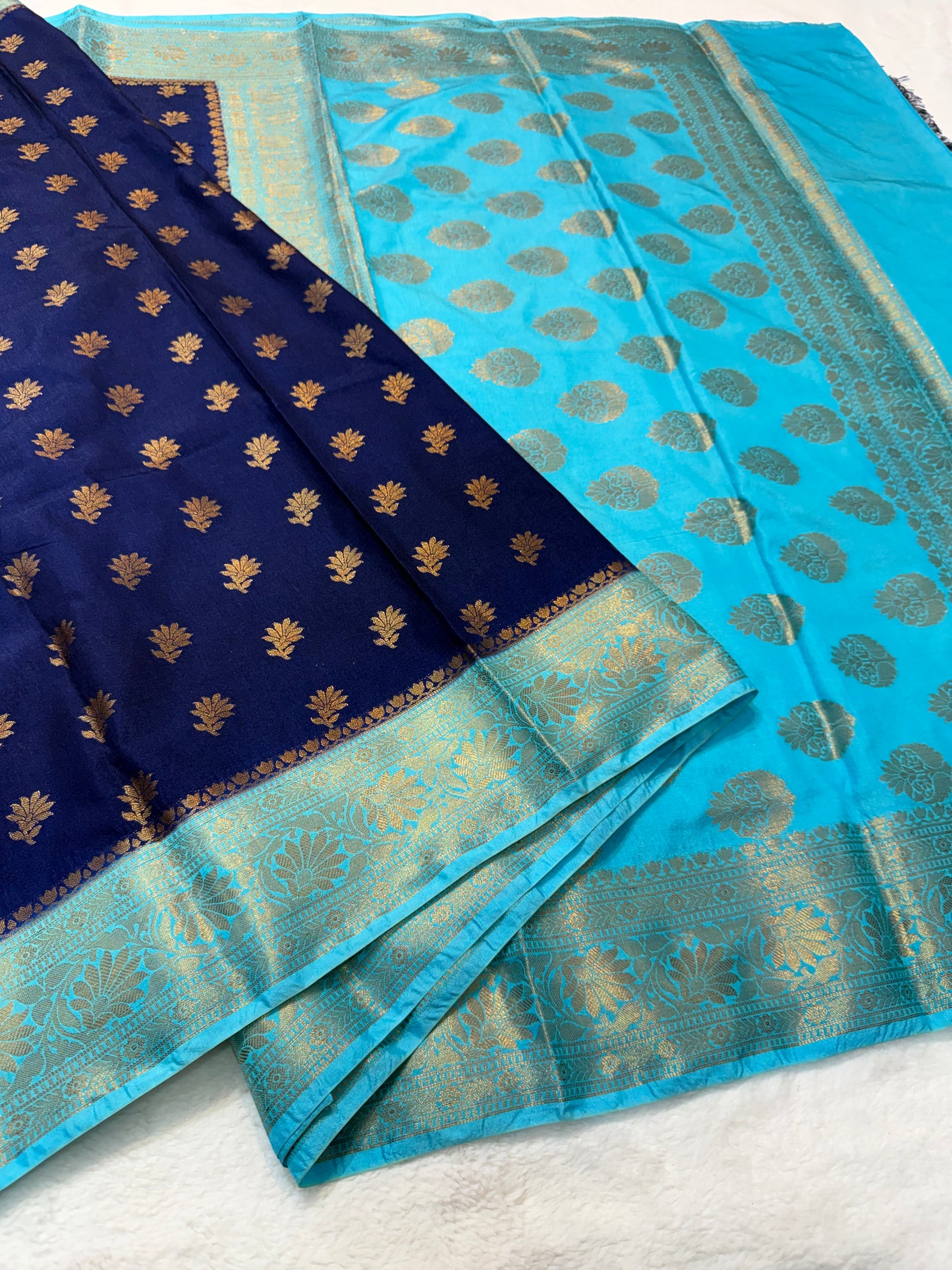 Nevy firozi shade Dupion Silk premium Banarasi Saree