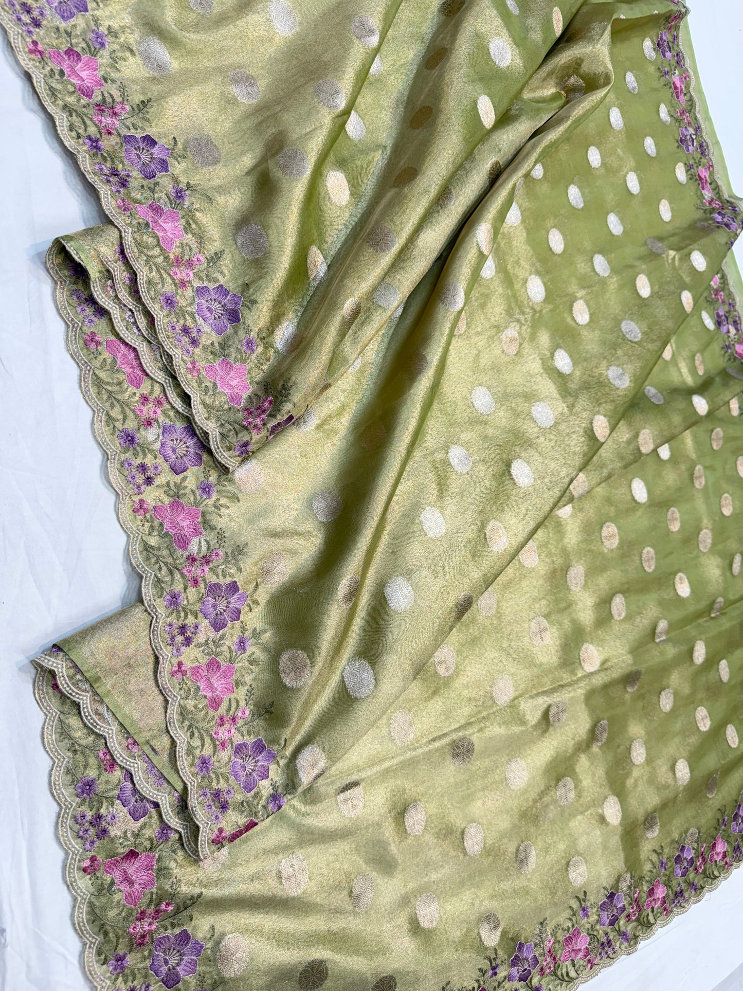 Pista green tissue cutwork embroidery premium designer Banarasi saree