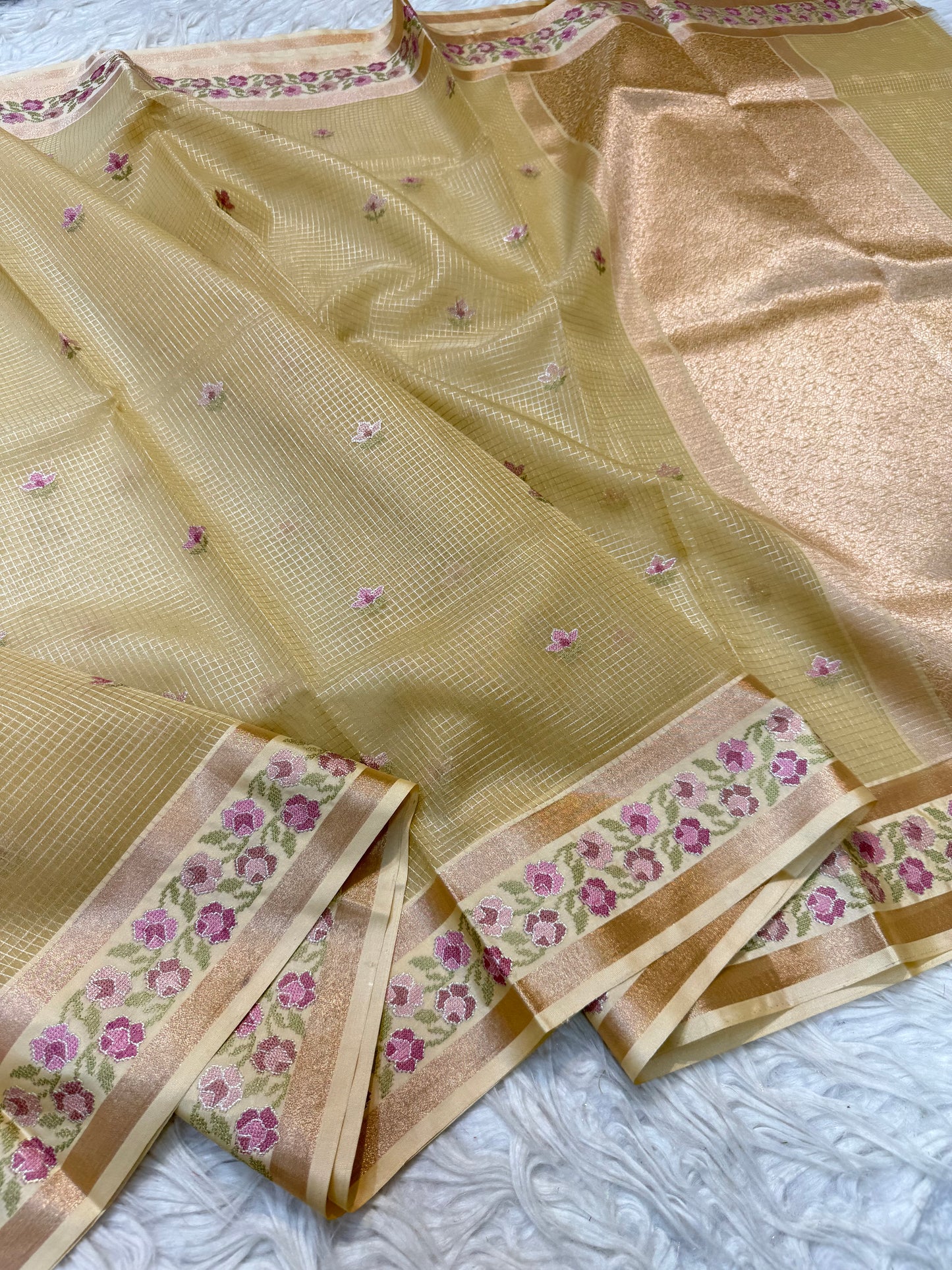 Beige shade kora organza embroidery Banarasi saree
