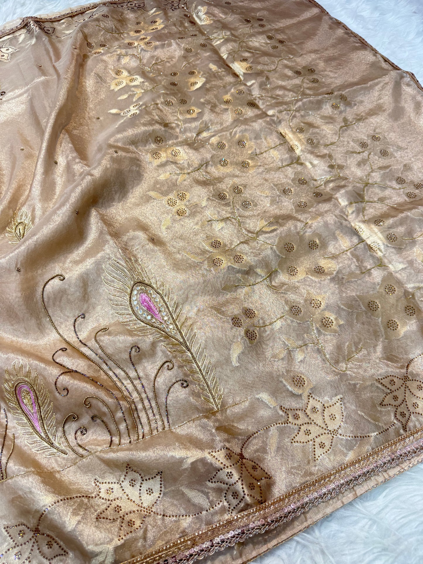 Beige shade tissue ari & zardosi work designer premium Banarasi saree
