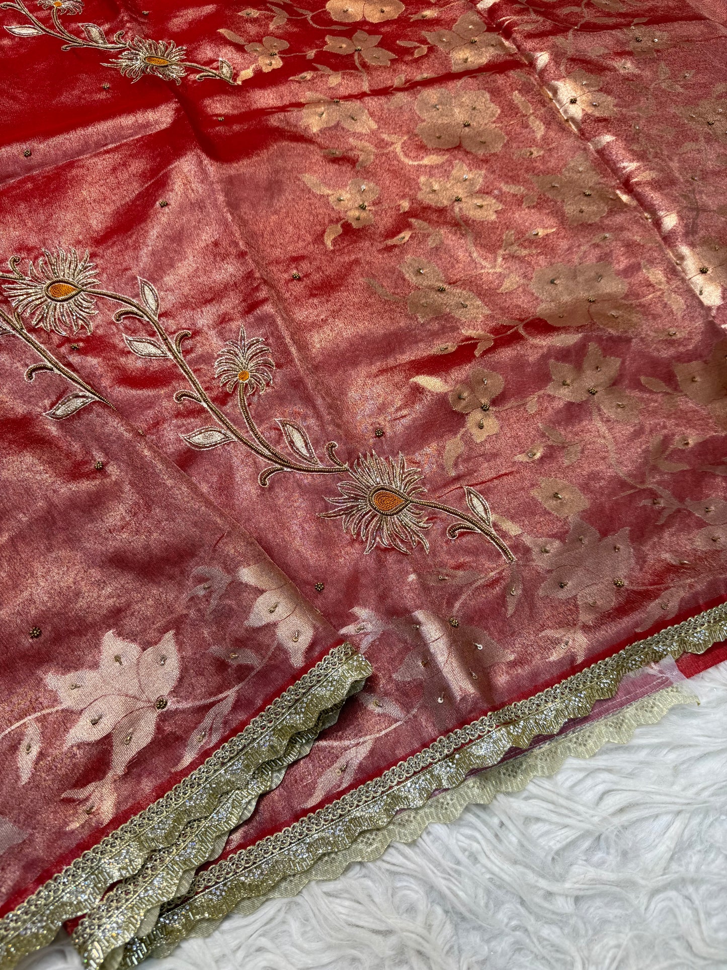 Red shade tissue ari & zardosi work designer premium Banarasi saree