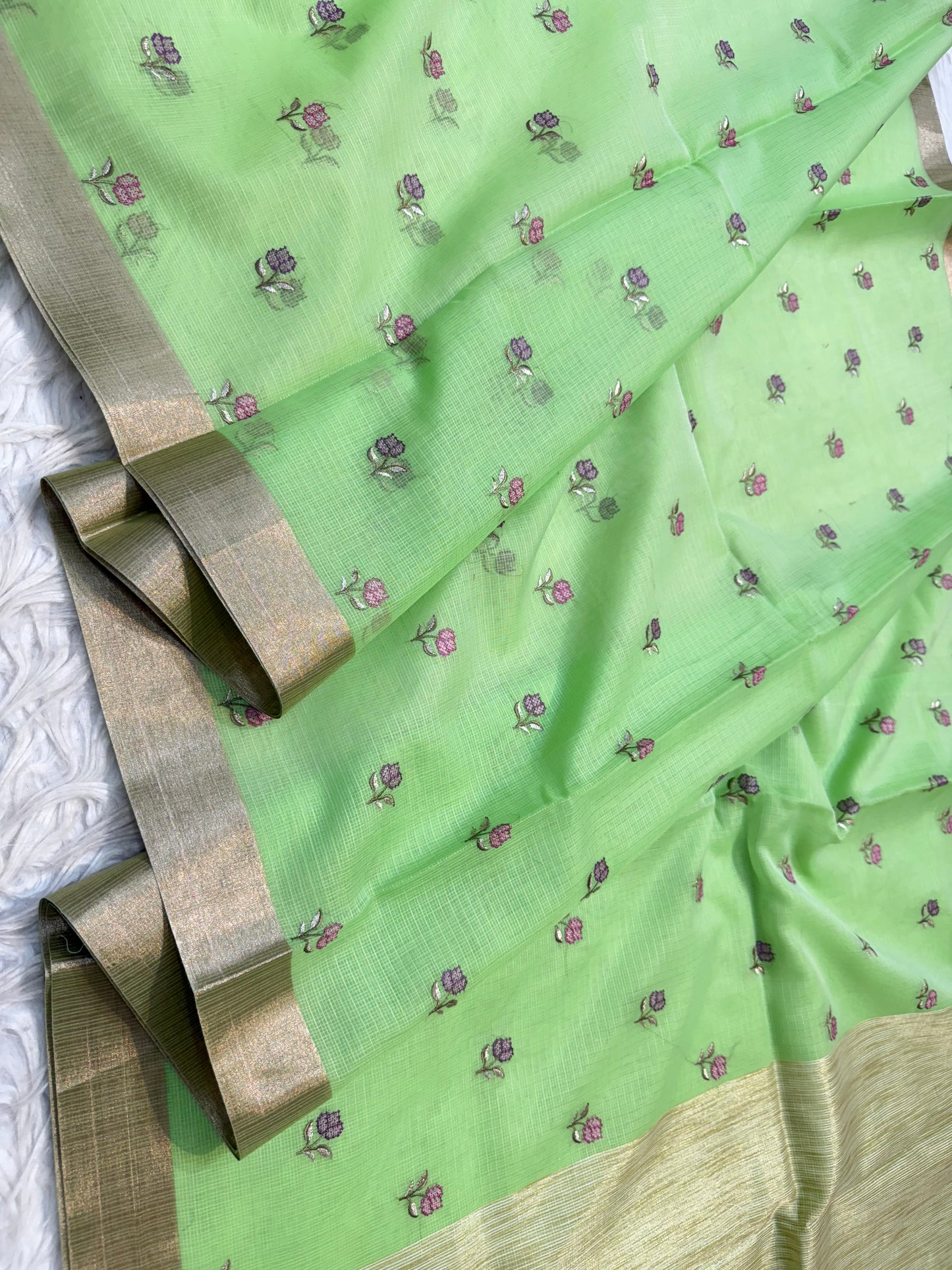 Pista green shade cotton kota embroidery Banarasi saree